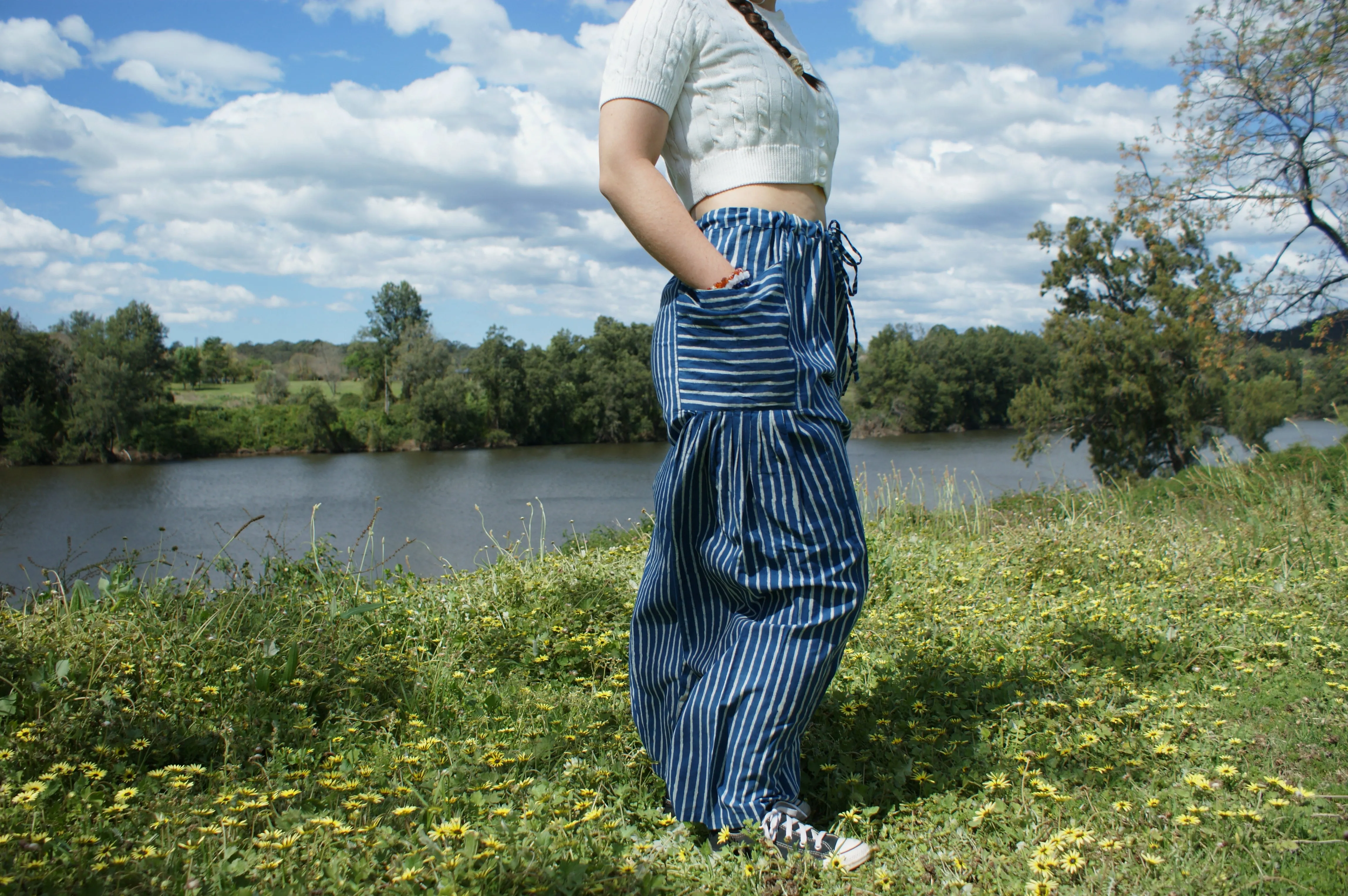 Fair Trade Ethical  Striped Cotton Pants with Pleats - Blue