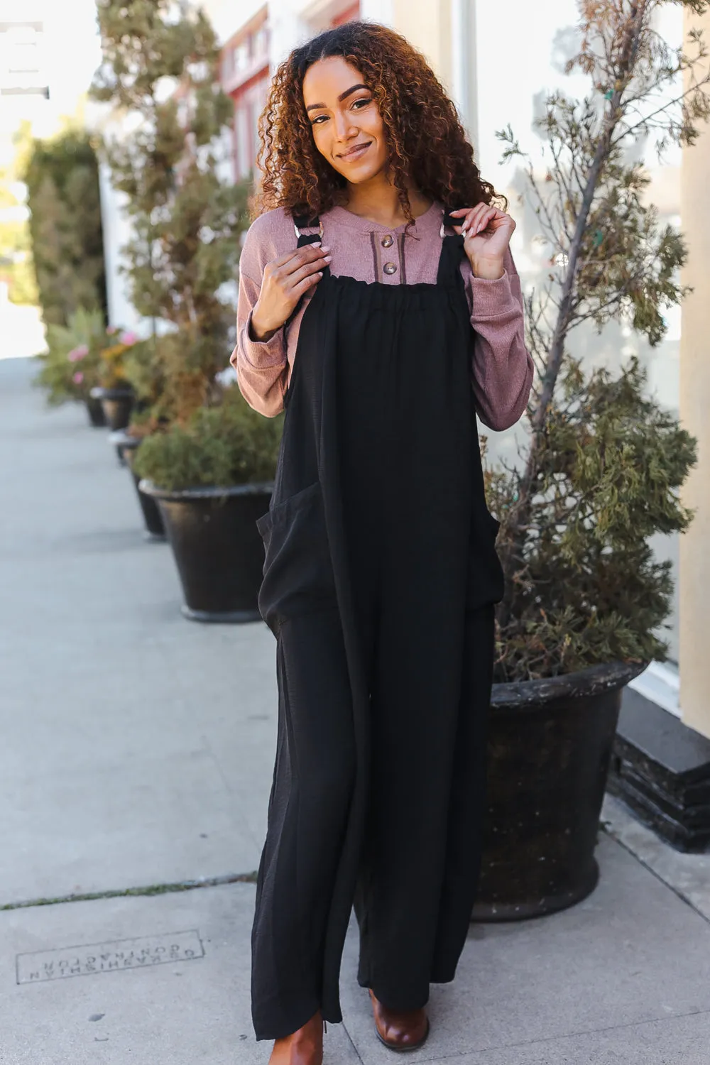 Feeing Joyful Black Wide Leg Adjustable Baggy Bib Jumpsuit