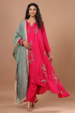 Festive Rani Pink Russian Silk Embellished Kurta Pant Set With Dupatta