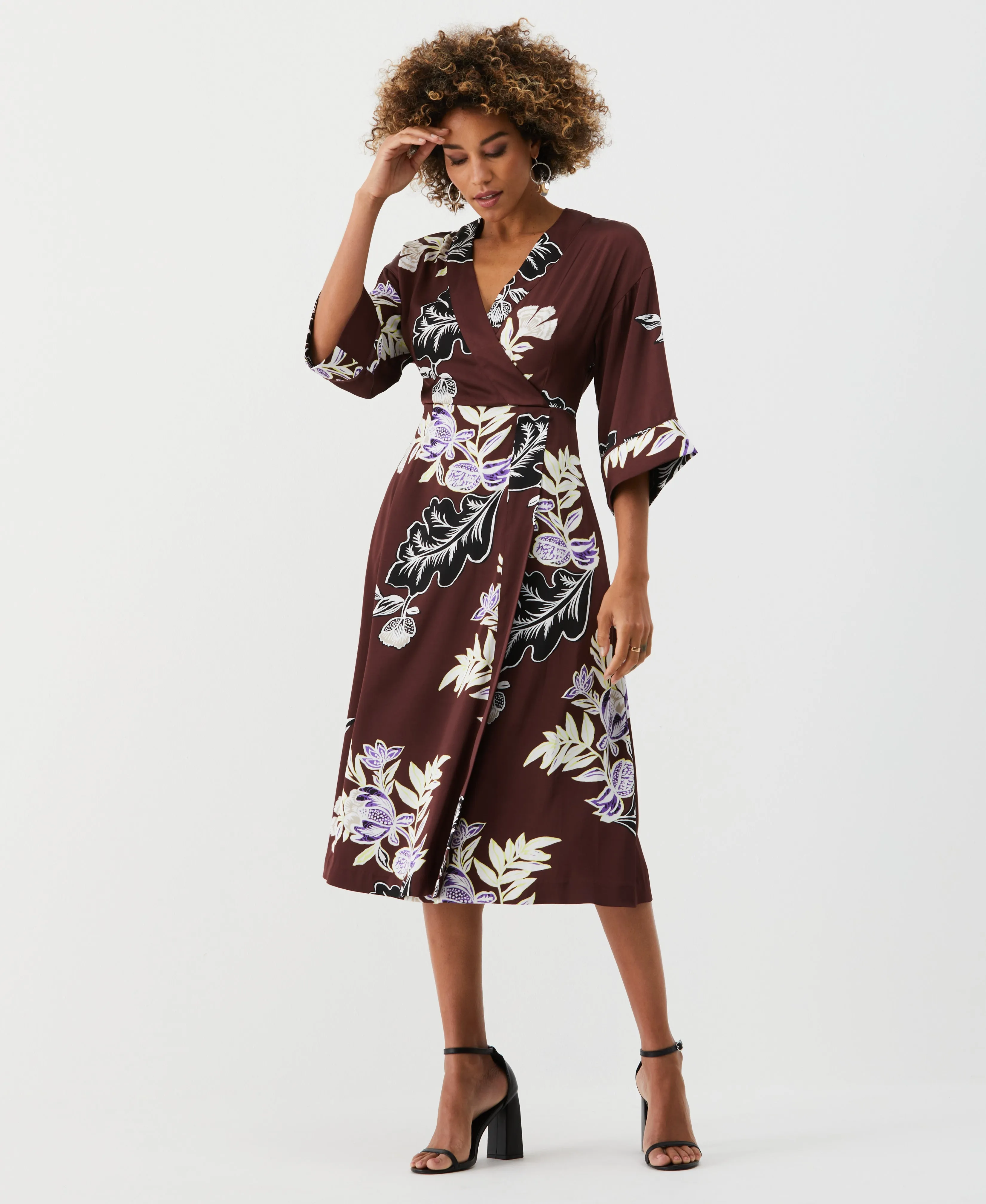 Floral Print Faux Wrap Midi Dress