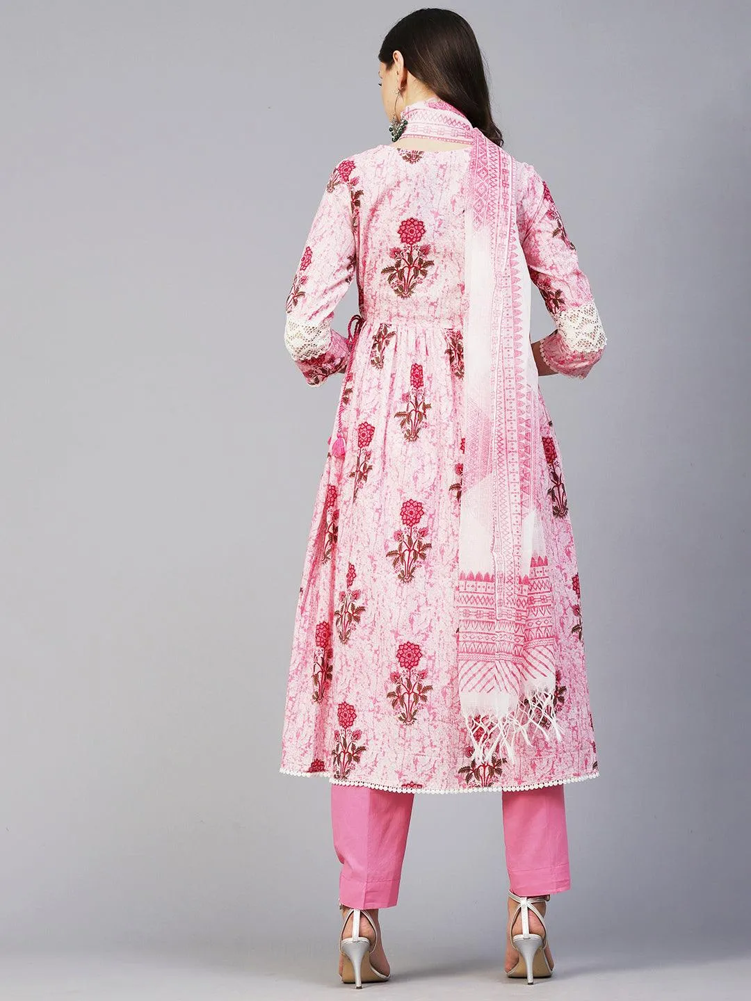 Floral Printed Mirror Embroidered High Slit Gathered Kurta With Pants & Dupatta - Pink