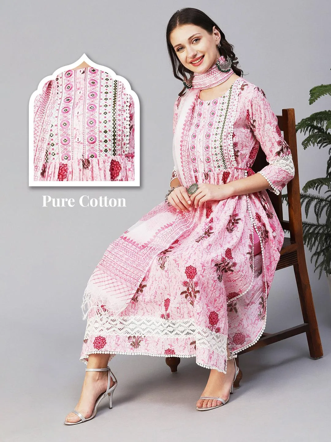 Floral Printed Mirror Embroidered High Slit Gathered Kurta With Pants & Dupatta - Pink