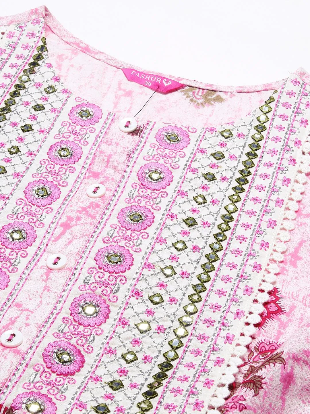 Floral Printed Mirror Embroidered High Slit Gathered Kurta With Pants & Dupatta - Pink