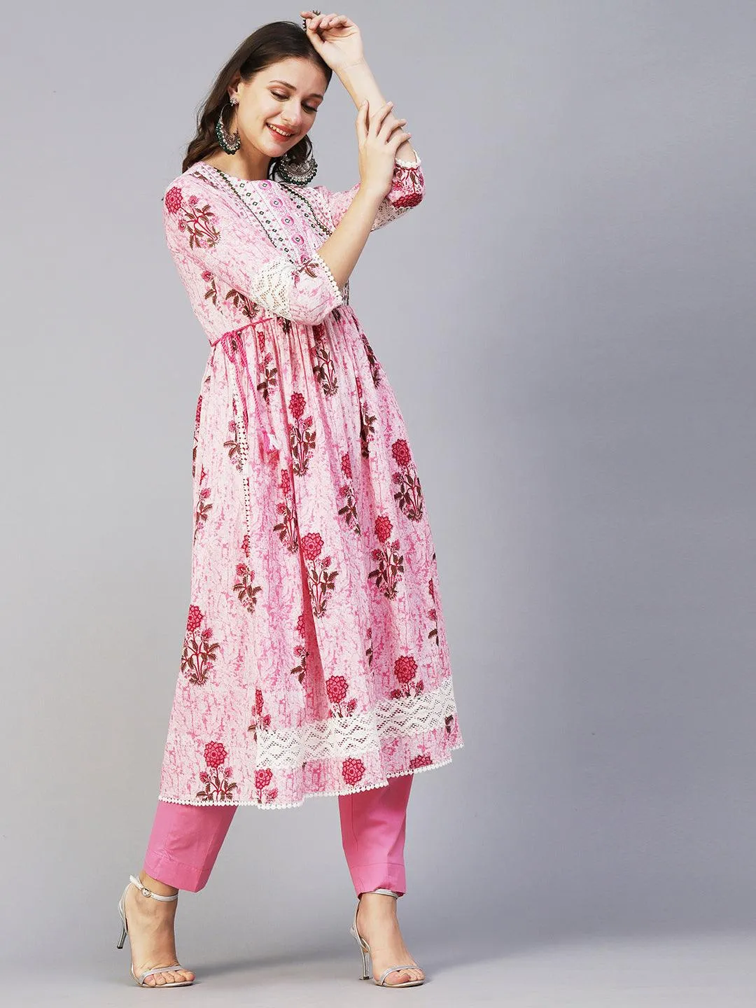 Floral Printed Mirror Embroidered High Slit Gathered Kurta With Pants & Dupatta - Pink