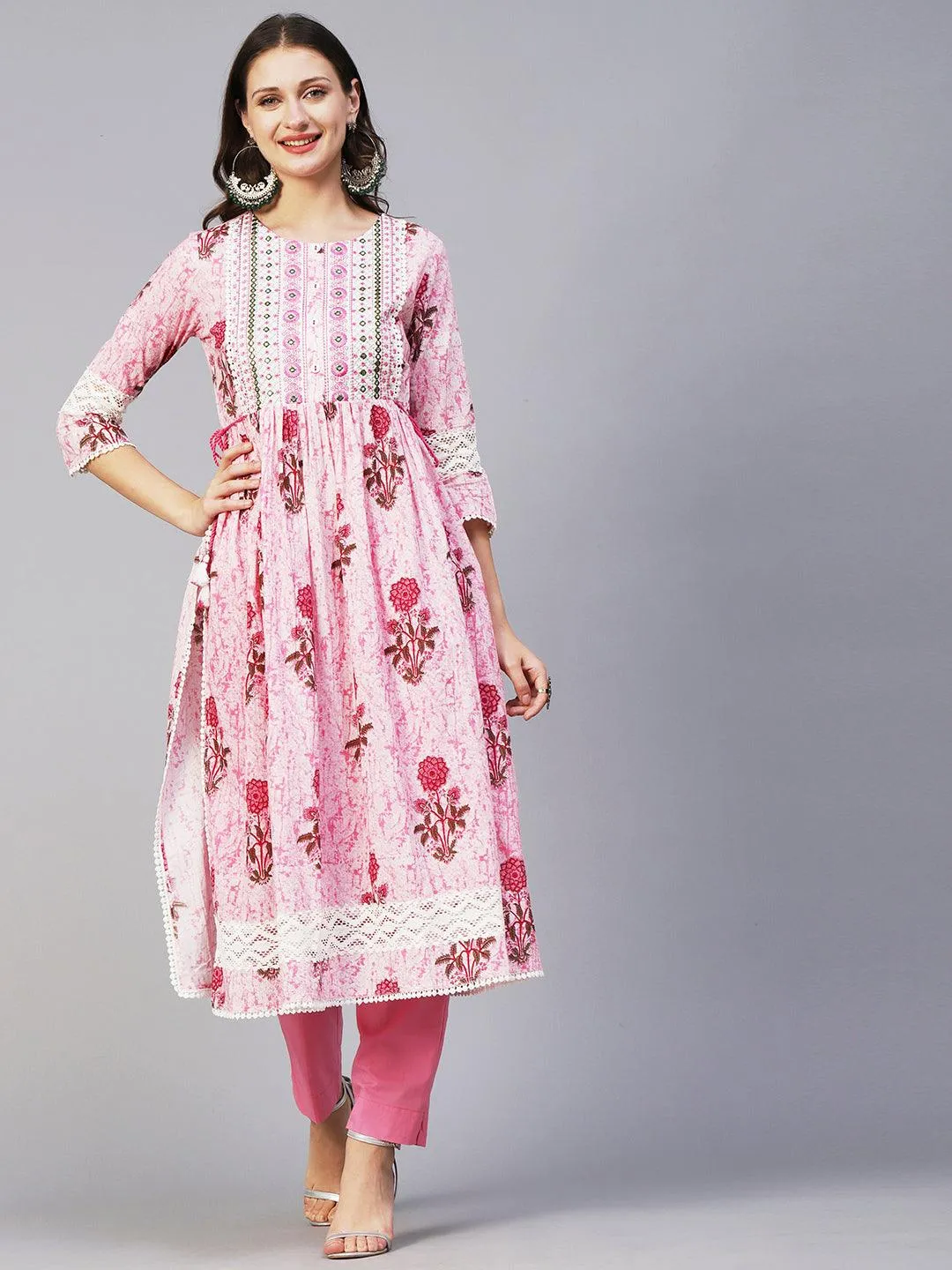 Floral Printed Mirror Embroidered High Slit Gathered Kurta With Pants & Dupatta - Pink