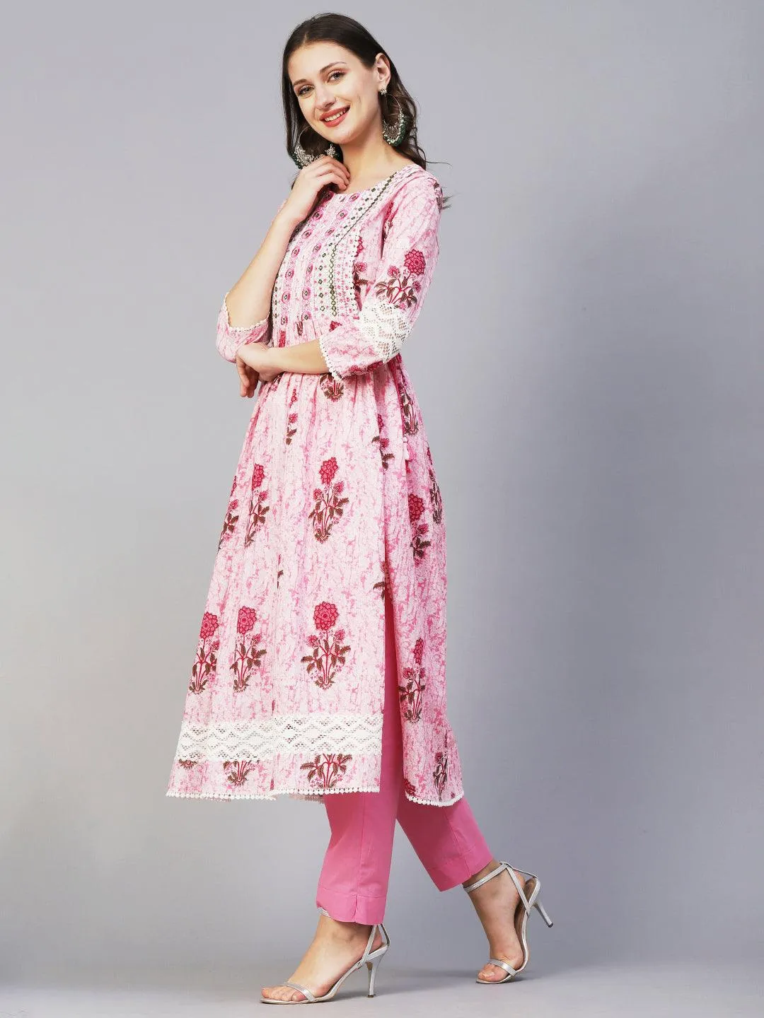 Floral Printed Mirror Embroidered High Slit Gathered Kurta With Pants & Dupatta - Pink