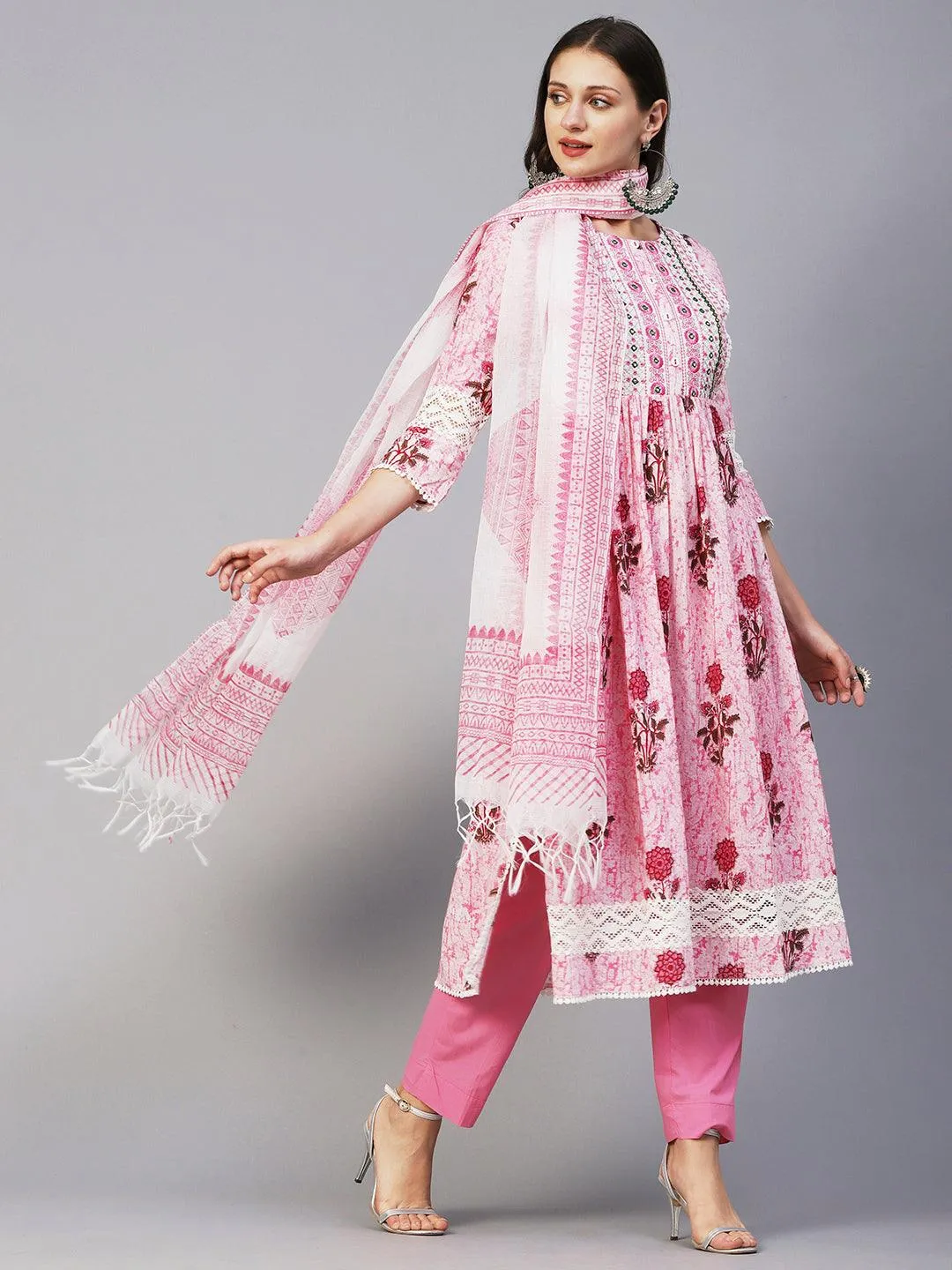 Floral Printed Mirror Embroidered High Slit Gathered Kurta With Pants & Dupatta - Pink