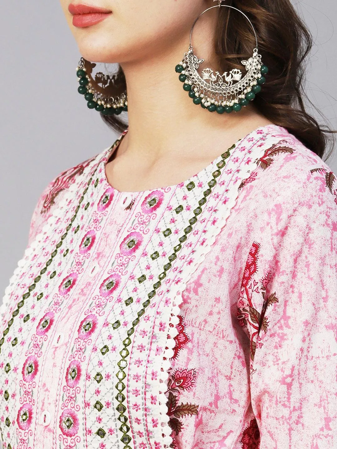 Floral Printed Mirror Embroidered High Slit Gathered Kurta With Pants & Dupatta - Pink