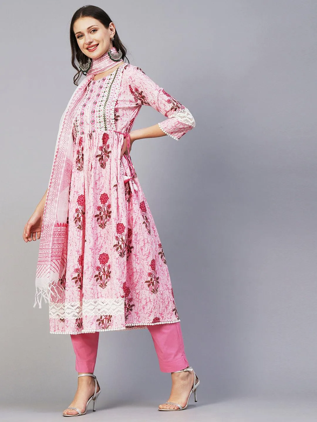 Floral Printed Mirror Embroidered High Slit Gathered Kurta With Pants & Dupatta - Pink