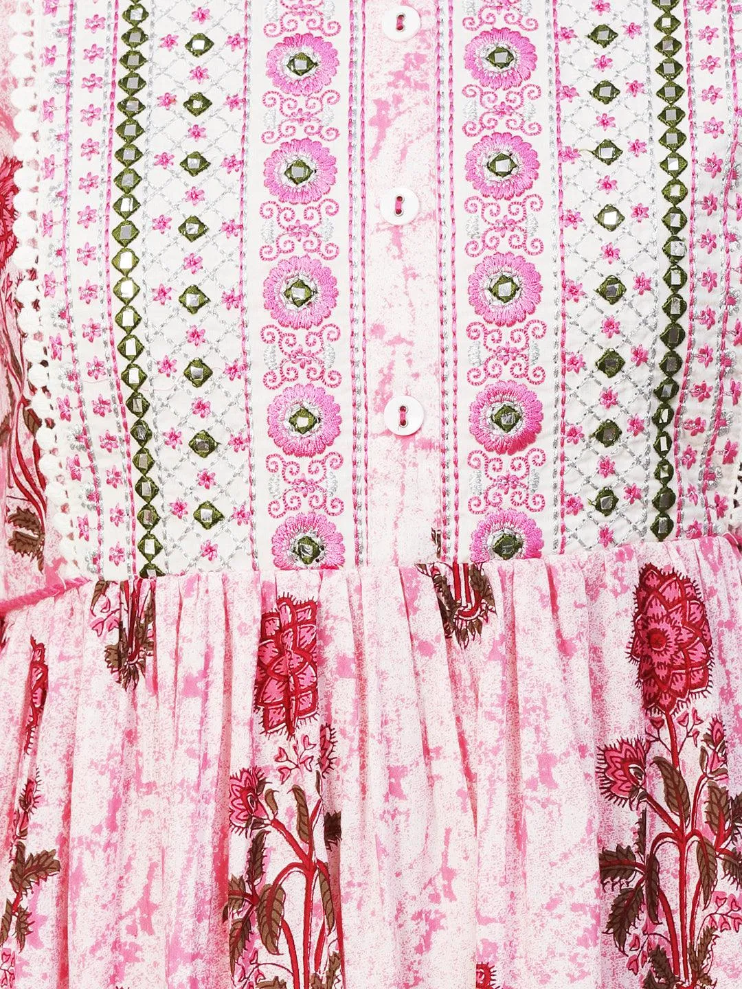 Floral Printed Mirror Embroidered High Slit Gathered Kurta With Pants & Dupatta - Pink