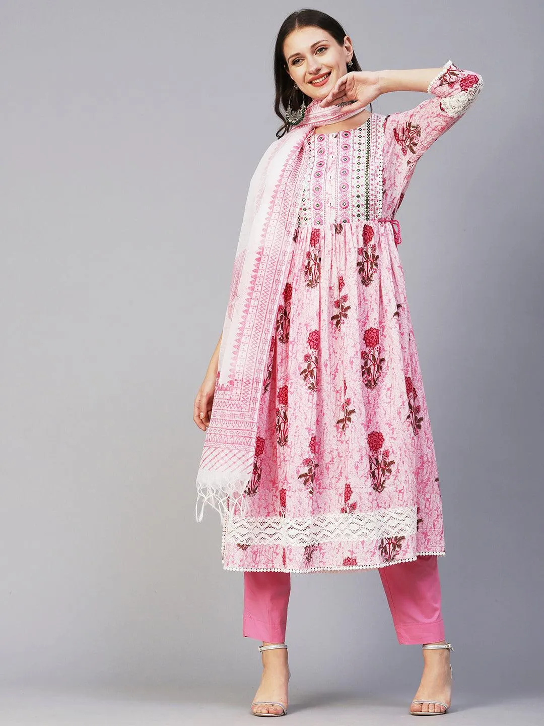 Floral Printed Mirror Embroidered High Slit Gathered Kurta With Pants & Dupatta - Pink