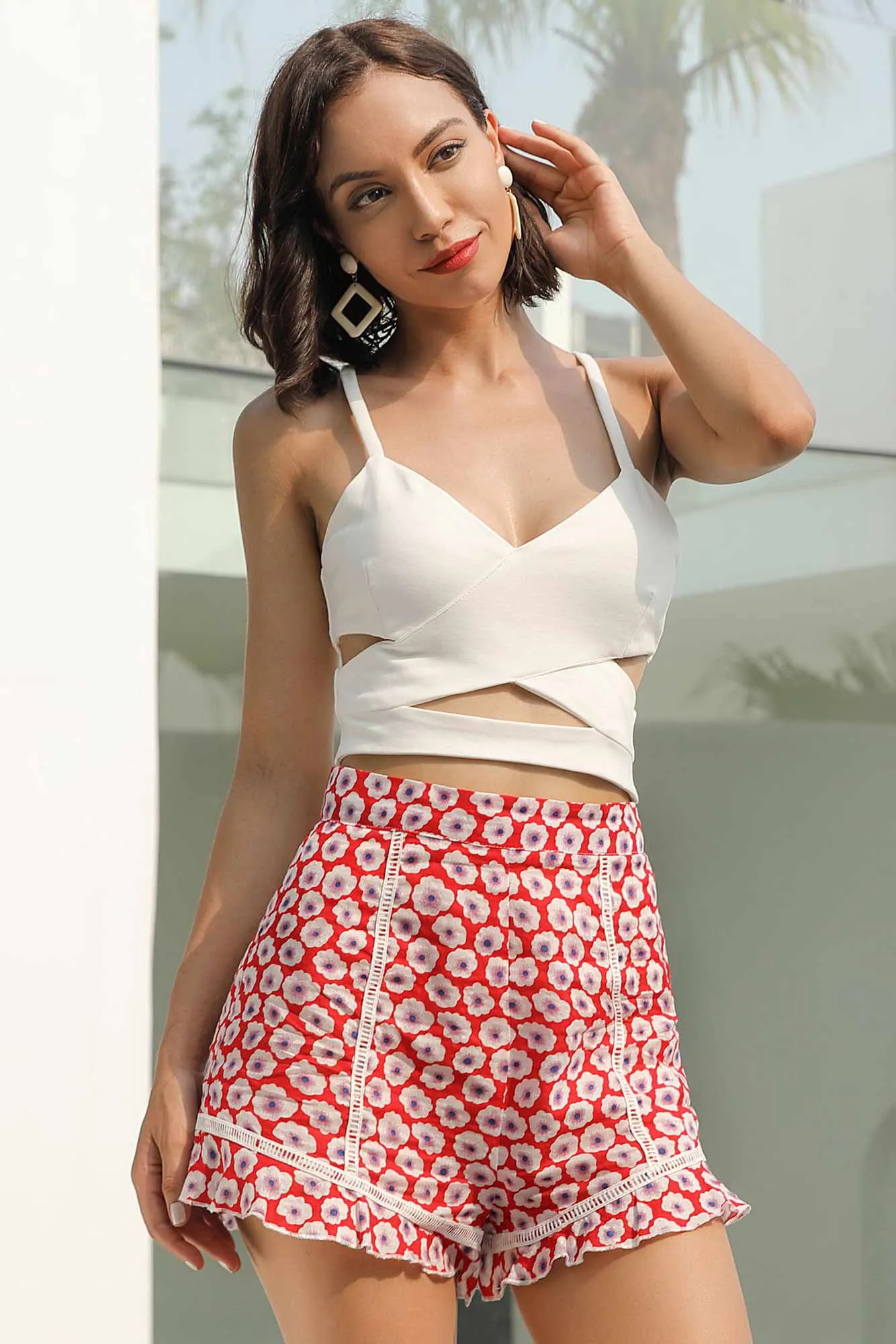 Floral Ruffled High Waist Lace Panel Shorts