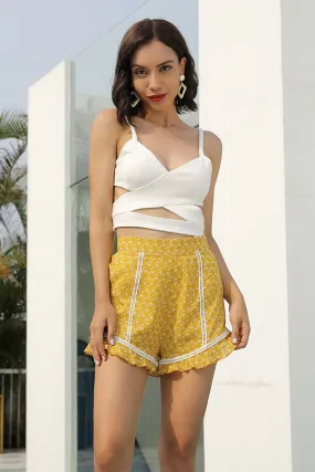 Floral Ruffled High Waist Lace Panel Shorts