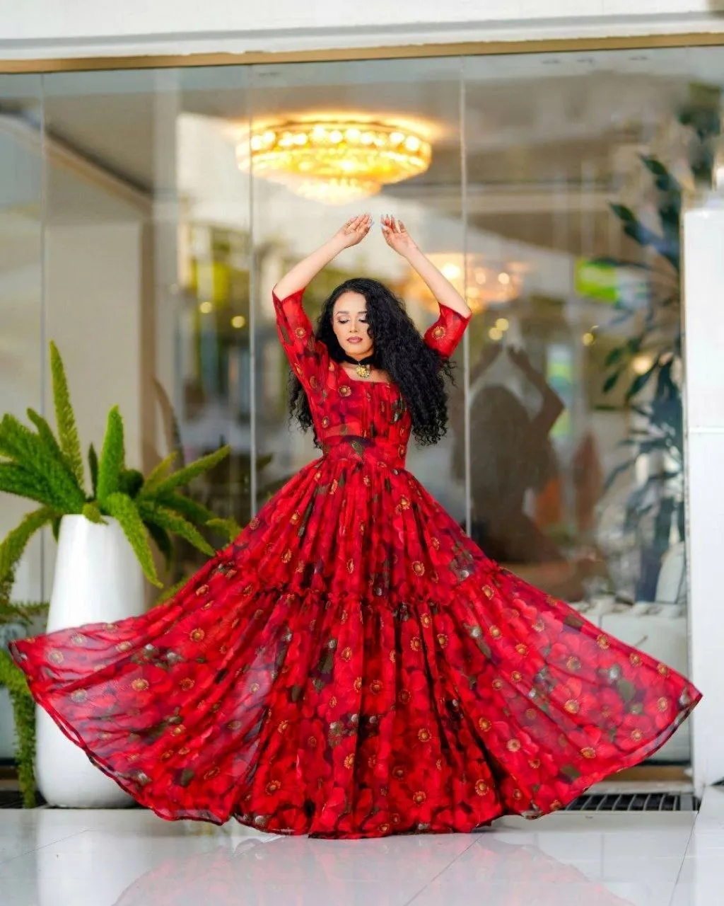 Flowy Red Chiffon Habesha Dress: Beautifully Designed Chiffon for Holidays and Weddings