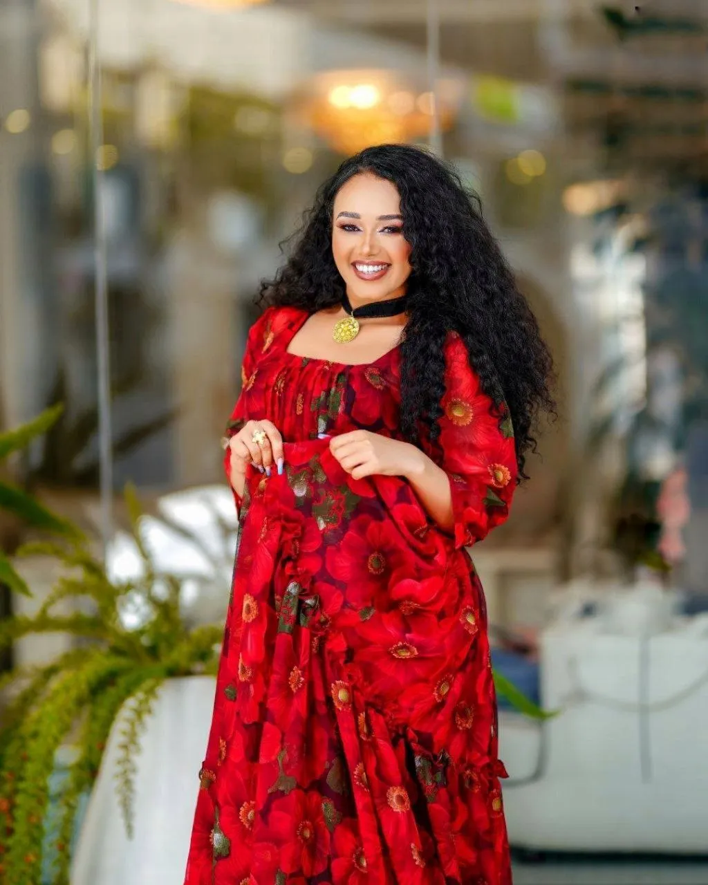 Flowy Red Chiffon Habesha Dress: Beautifully Designed Chiffon for Holidays and Weddings