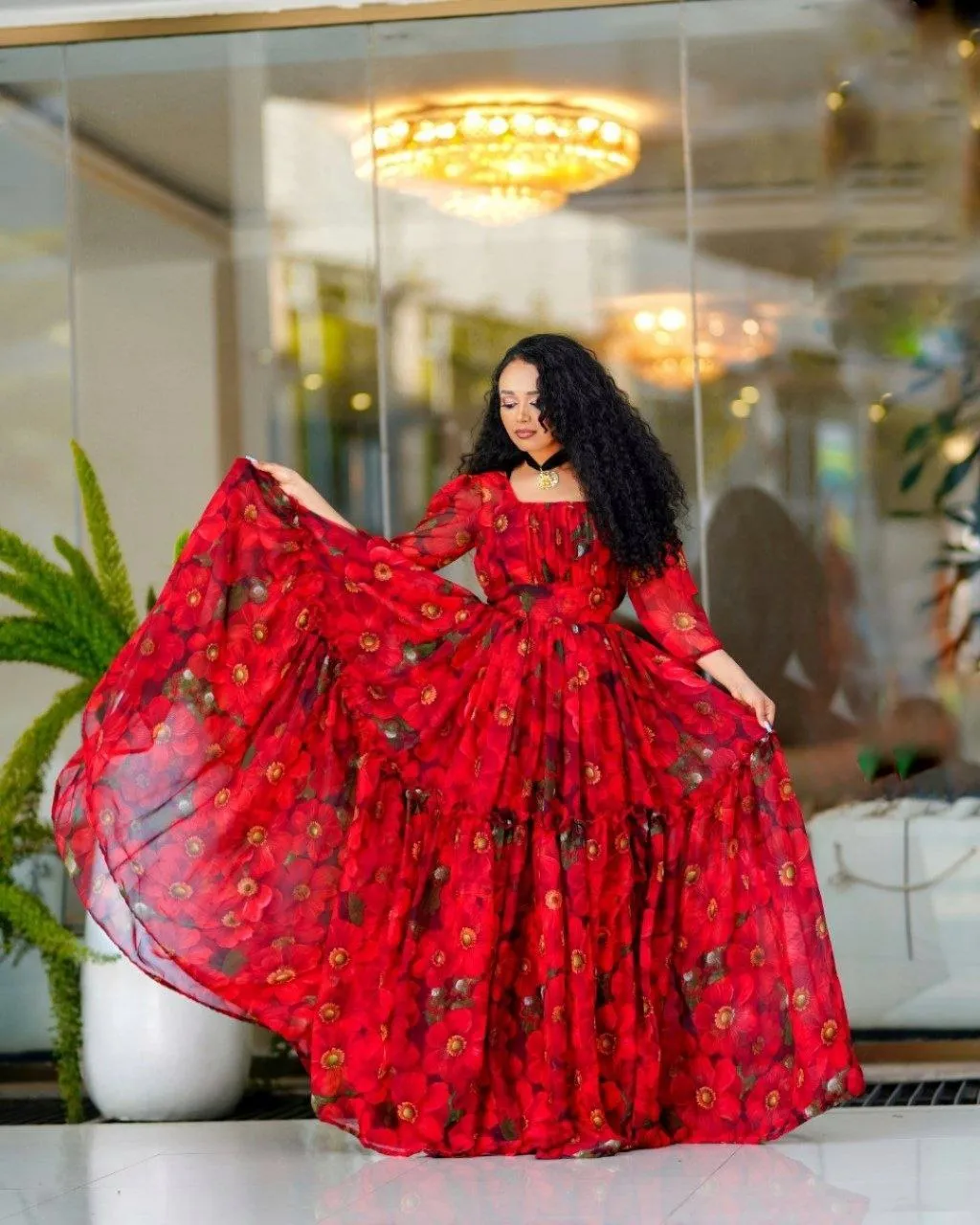 Flowy Red Chiffon Habesha Dress: Beautifully Designed Chiffon for Holidays and Weddings