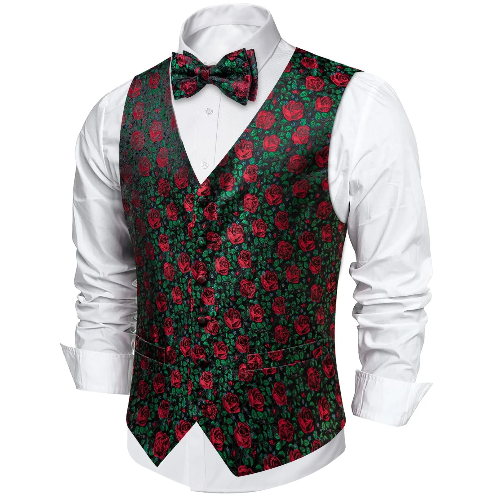 ForestGreen Rose Red Floral Men's Vest Bow Tie Set