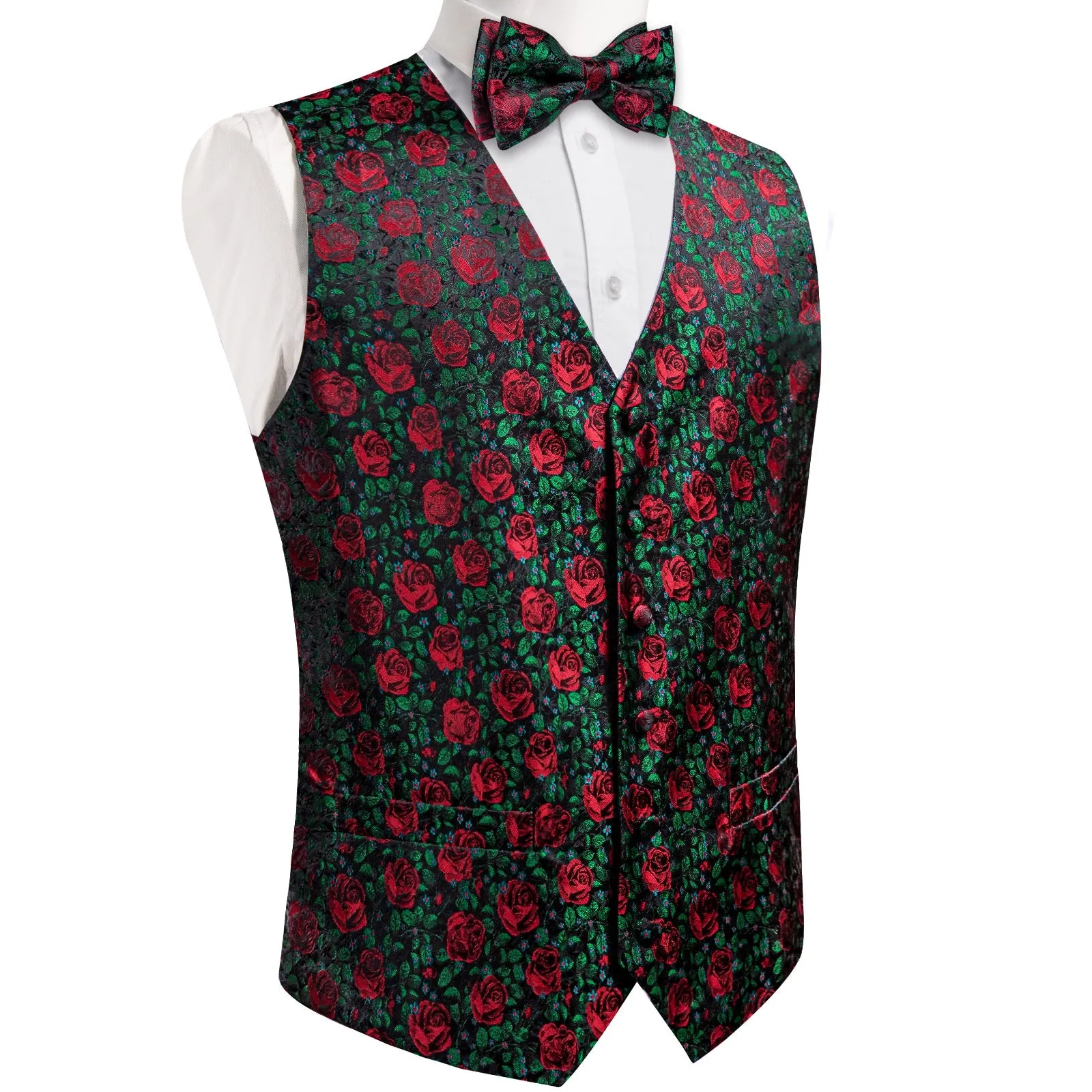 ForestGreen Rose Red Floral Men's Vest Bow Tie Set