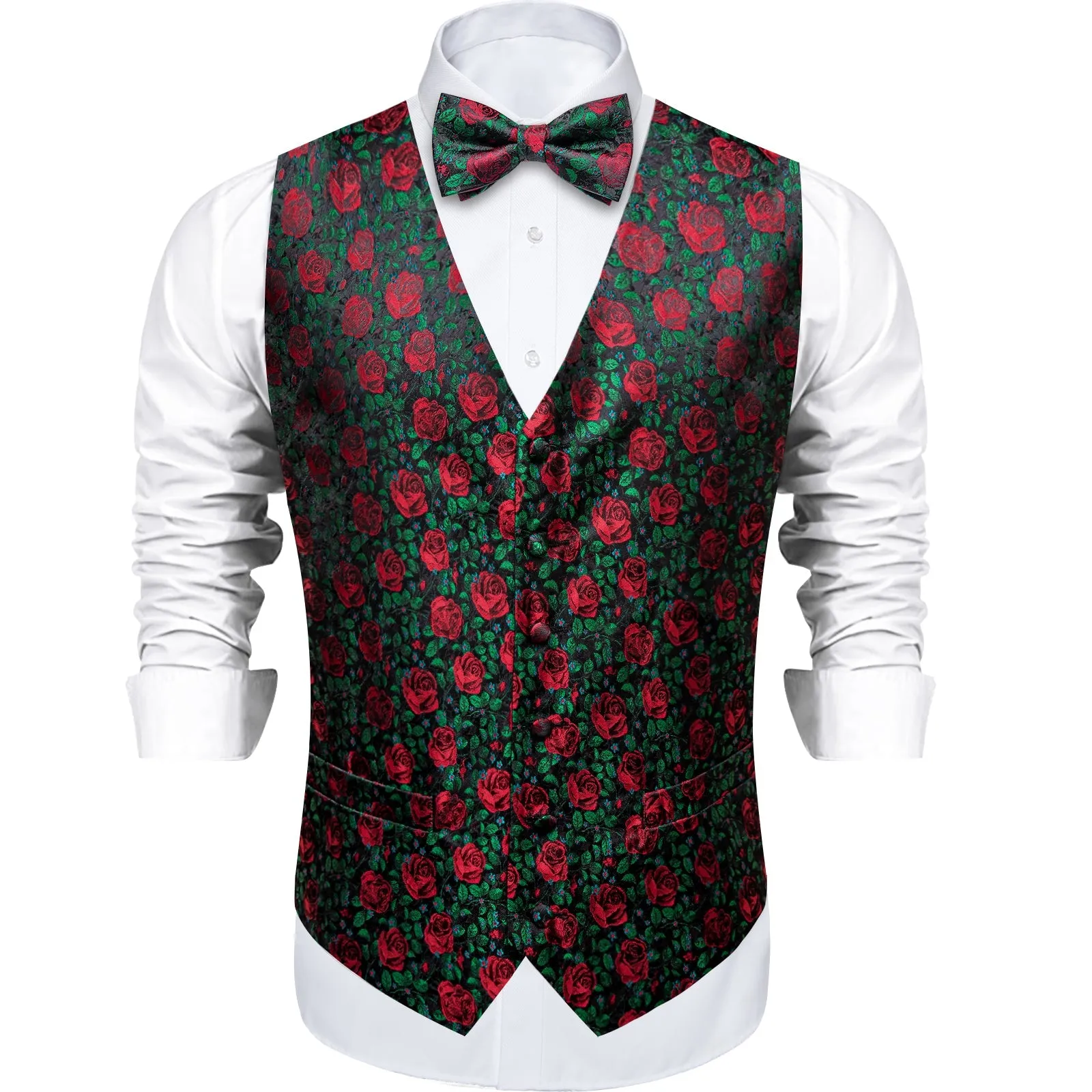 ForestGreen Rose Red Floral Men's Vest Bow Tie Set