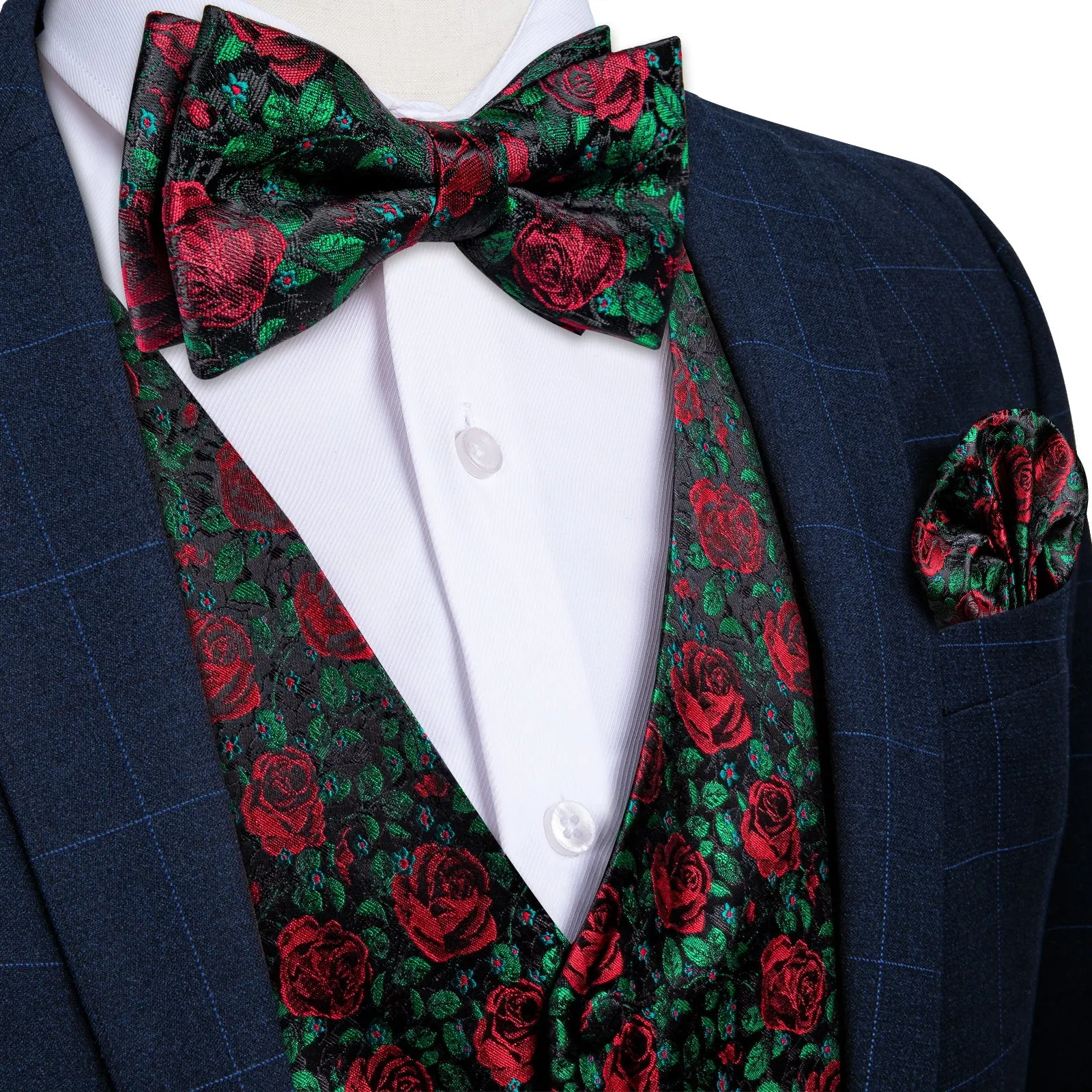 ForestGreen Rose Red Floral Men's Vest Bow Tie Set