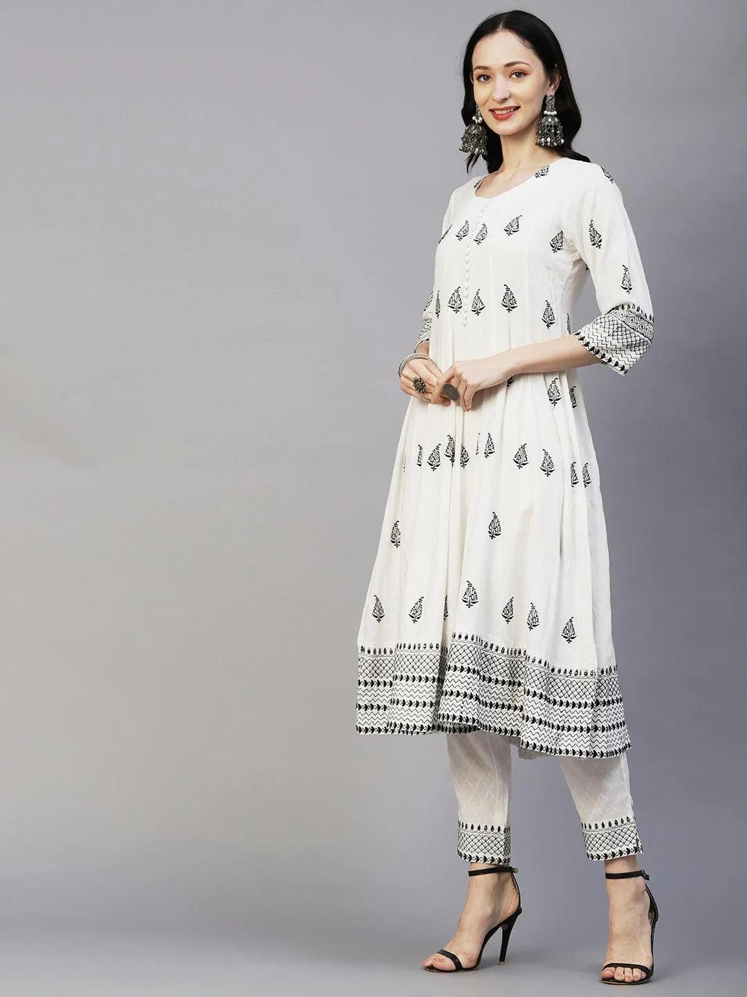 Geometric Printed Resham Embroidered Anarkali Kurta With Pants & Hand Painted Dupatta - White