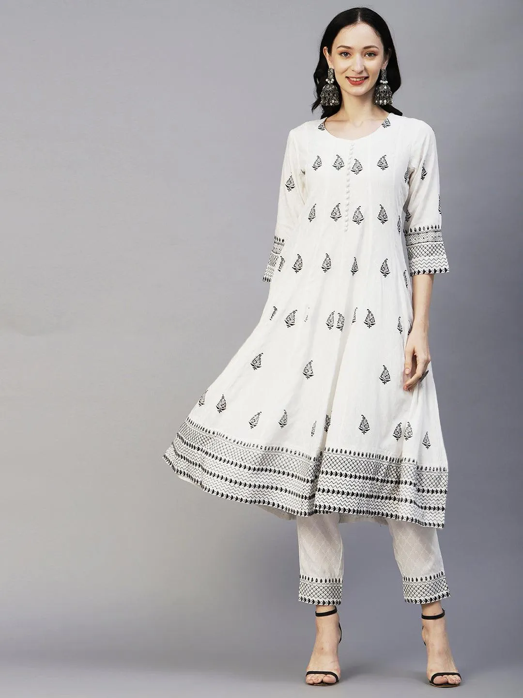 Geometric Printed Resham Embroidered Anarkali Kurta With Pants & Hand Painted Dupatta - White