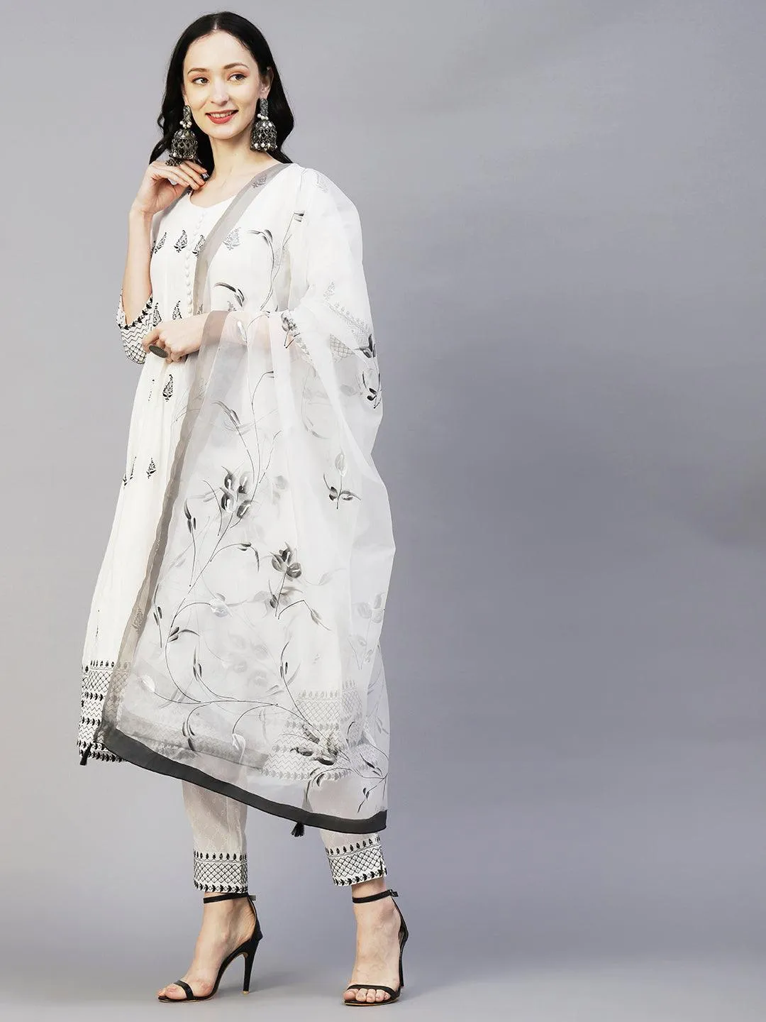 Geometric Printed Resham Embroidered Anarkali Kurta With Pants & Hand Painted Dupatta - White