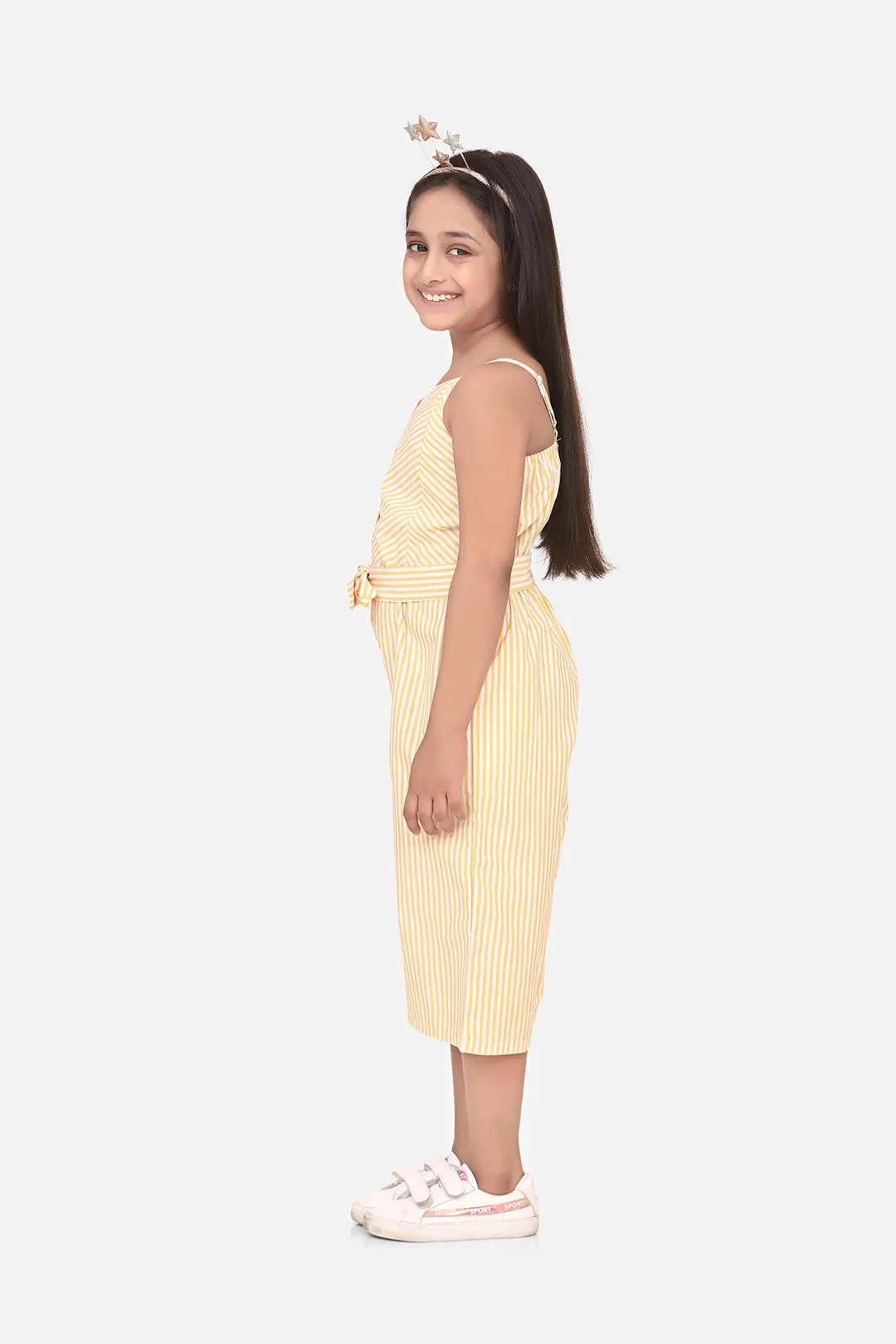 Girl's  Cotton Blend Yellow Stripe 3/4Th Jumpsuit - StyleStone Kid