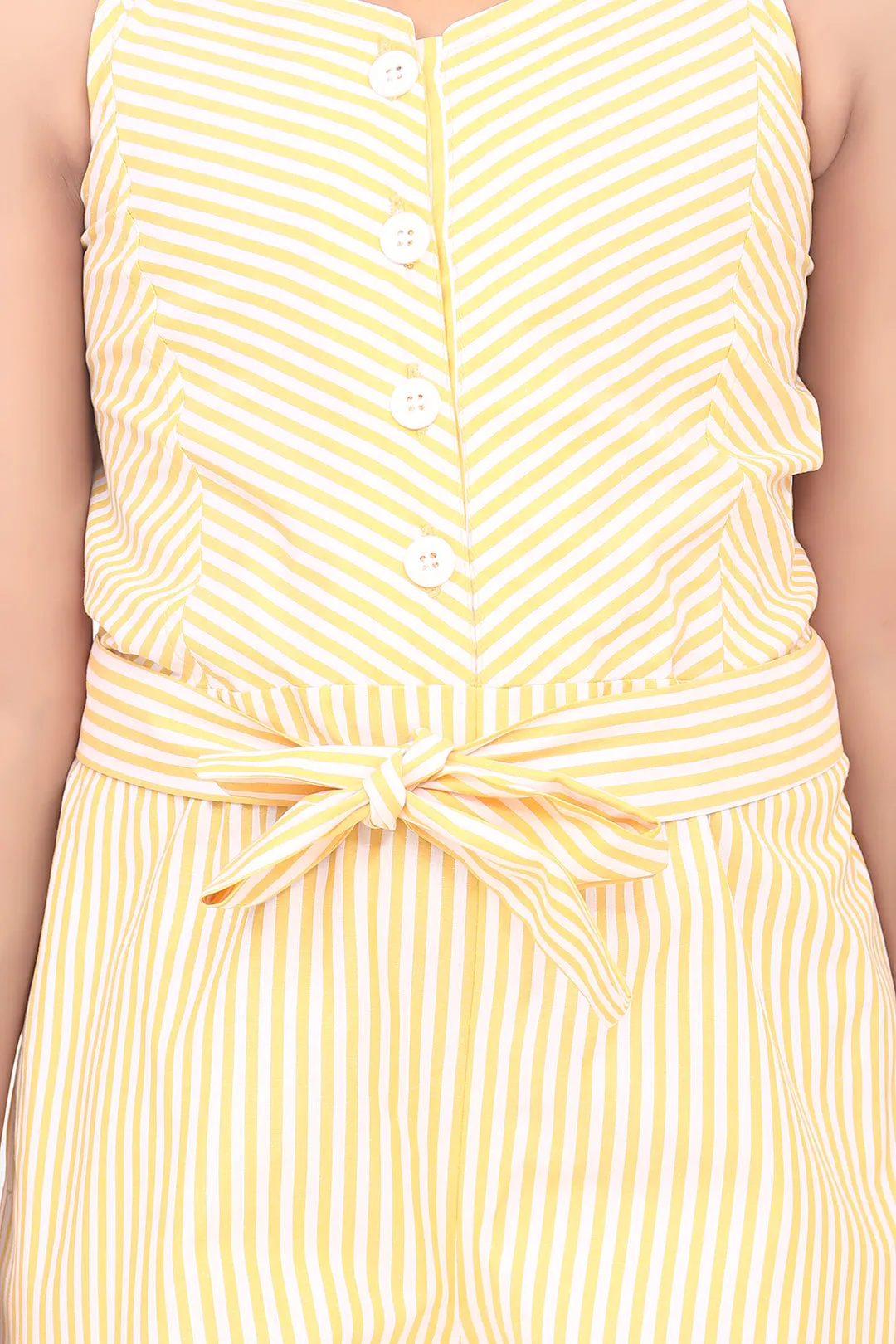 Girl's  Cotton Blend Yellow Stripe 3/4Th Jumpsuit - StyleStone Kid