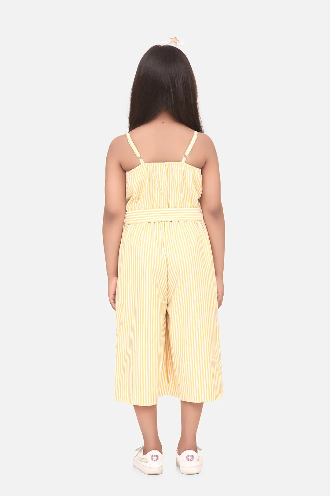 Girl's  Cotton Blend Yellow Stripe 3/4Th Jumpsuit - StyleStone Kid