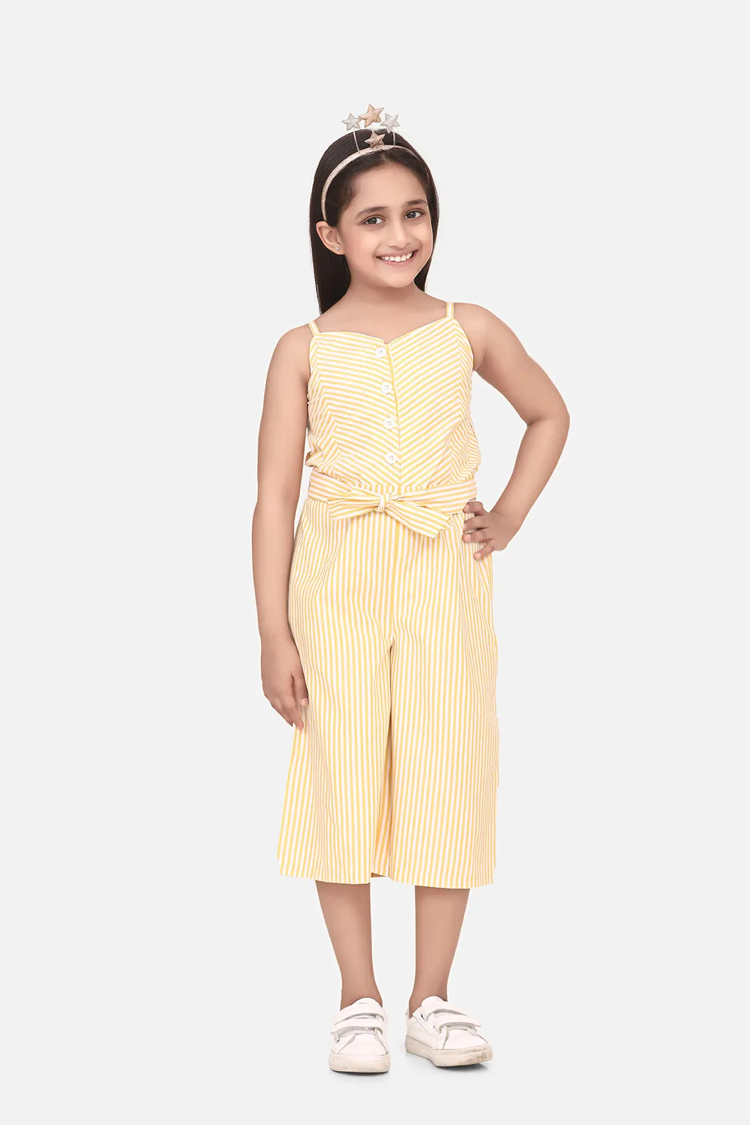 Girl's  Cotton Blend Yellow Stripe 3/4Th Jumpsuit - StyleStone Kid