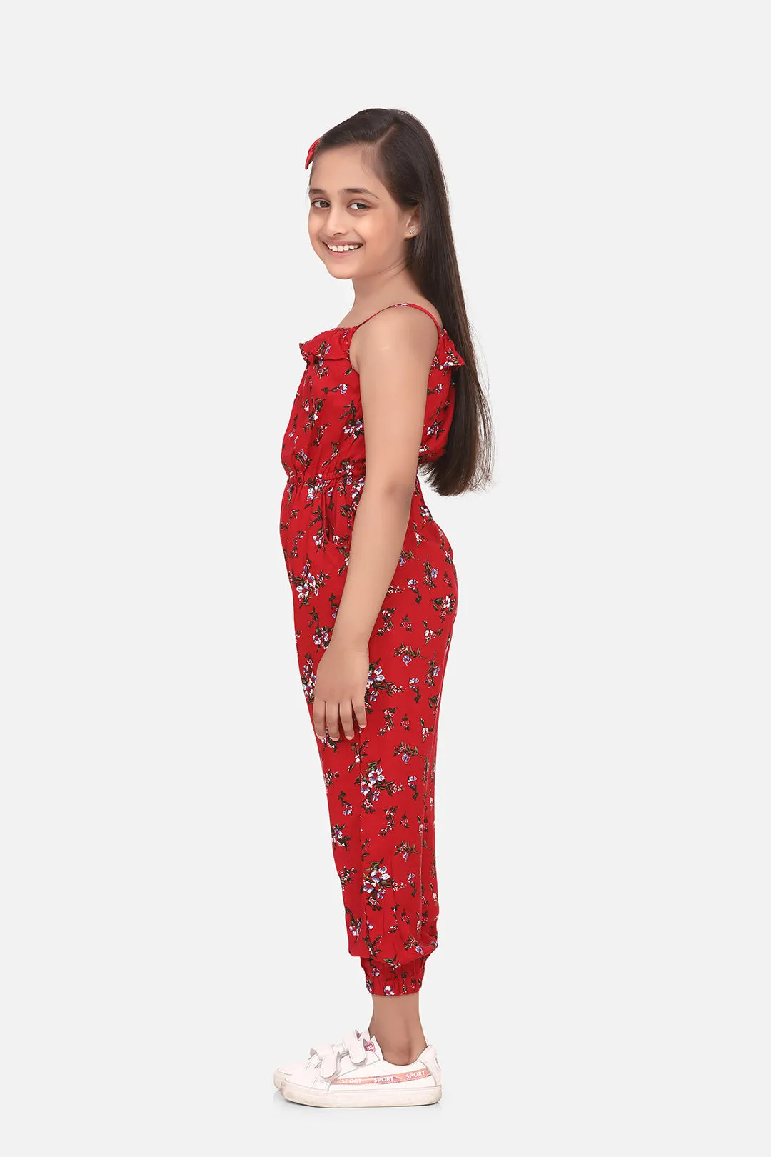 Girl's Red Printed Rayon Jumpsuit - StyleStone Kid