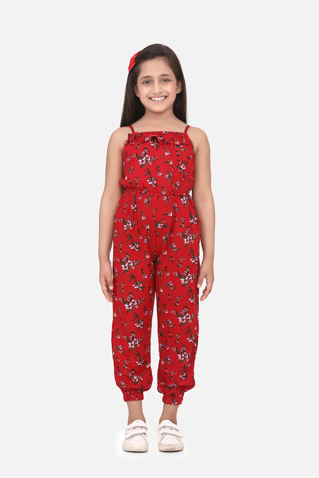 Girl's Red Printed Rayon Jumpsuit - StyleStone Kid