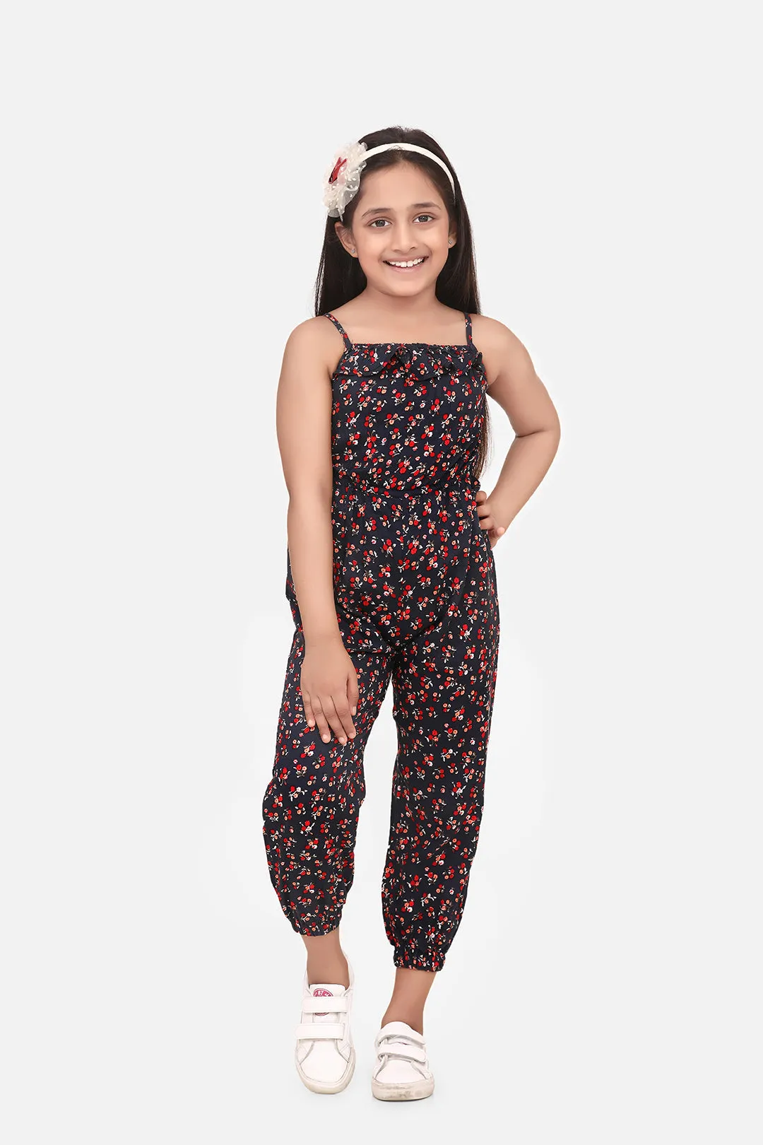 Girl's Red Printed Rayon Jumpsuit - StyleStone Kid