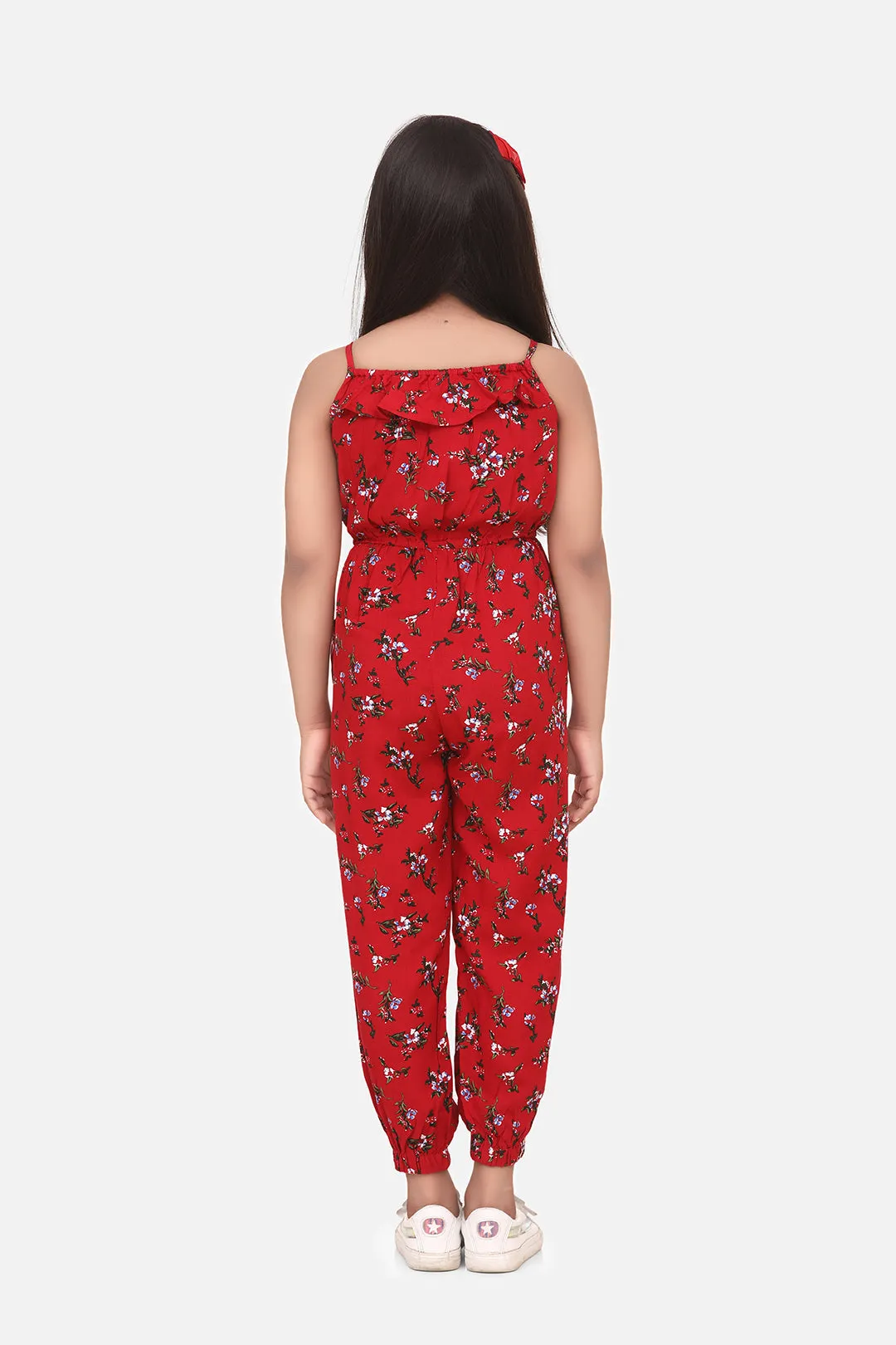 Girl's Red Printed Rayon Jumpsuit - StyleStone Kid