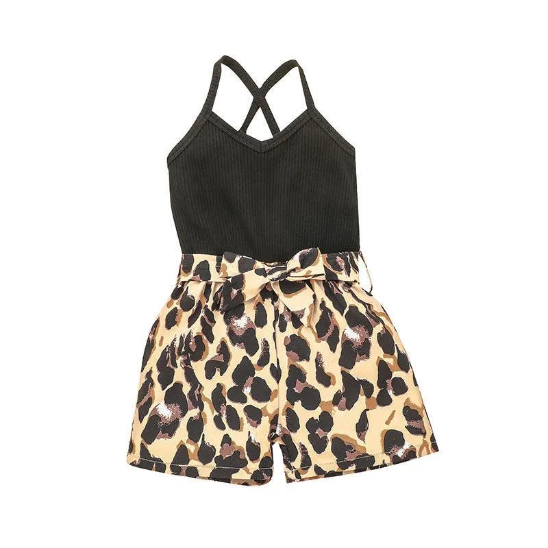 Girls' Sleeveless Leopard Print One-piece Shorts