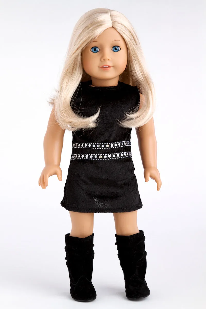 Glamour Girl - Clothes for 18 inch Doll - Snow Leopard Faux Fur Coat with Black Velvet Dress and Boots