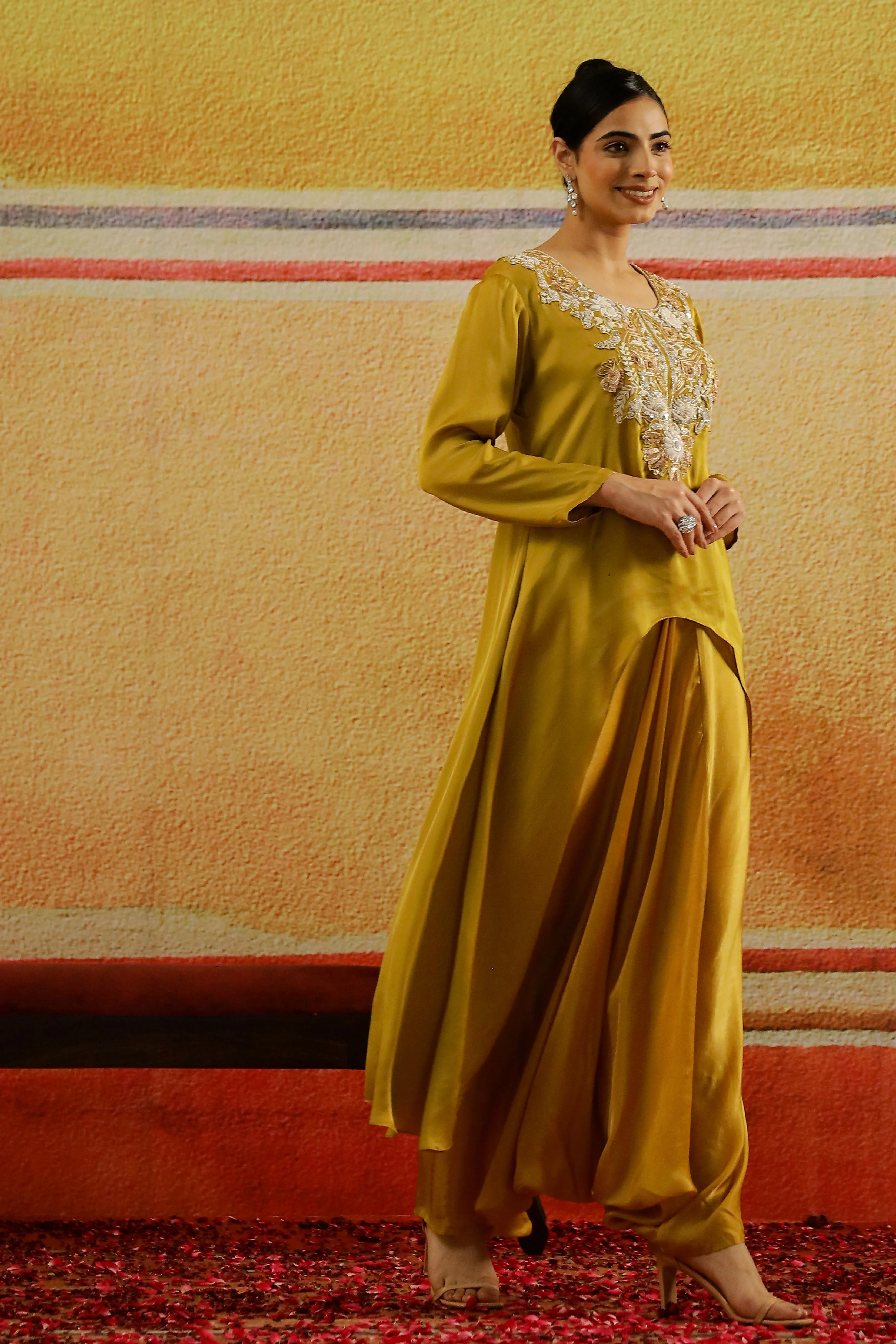 Golden Yellow Embroidered Satin Silk Kurta Set