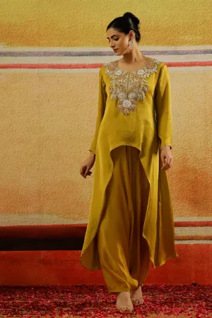 Golden Yellow Embroidered Satin Silk Kurta Set