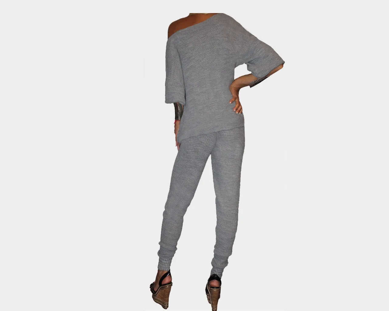 Gray Off the Shoulder Jog Suit - The Pacific Palisades