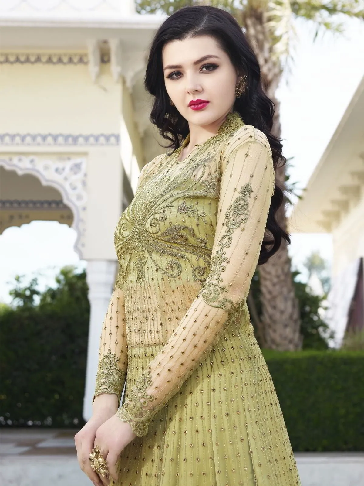 Green And Peach Embroidered Anarkali Lehenga And Pant Suit