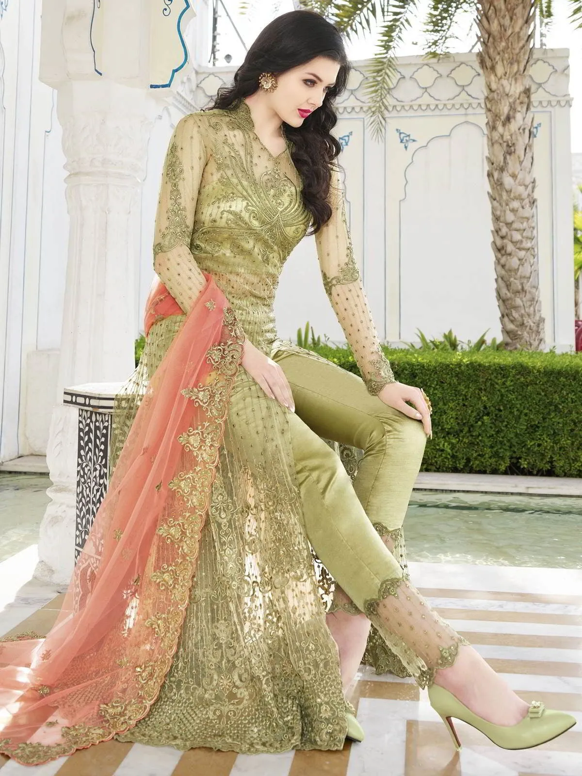 Green And Peach Embroidered Anarkali Lehenga And Pant Suit