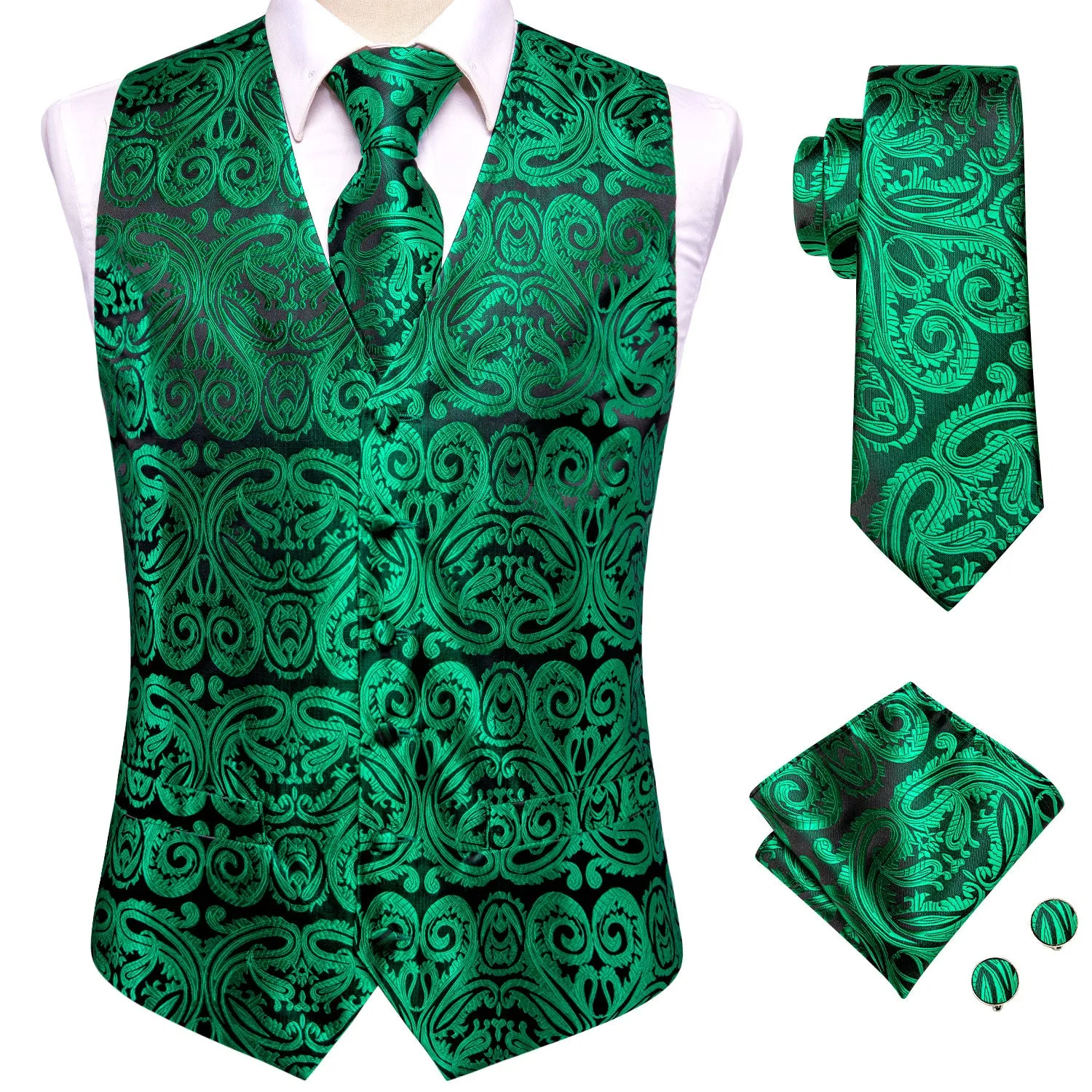 Green Paisley Silk Men's Vest Hanky Cufflinks Tie Set Waistcoat Suit Set