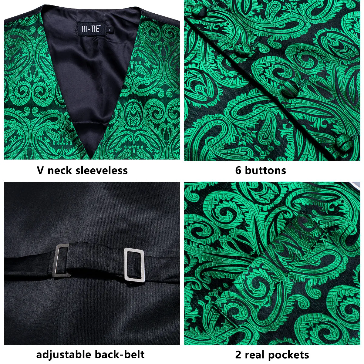 Green Paisley Silk Men's Vest Hanky Cufflinks Tie Set Waistcoat Suit Set