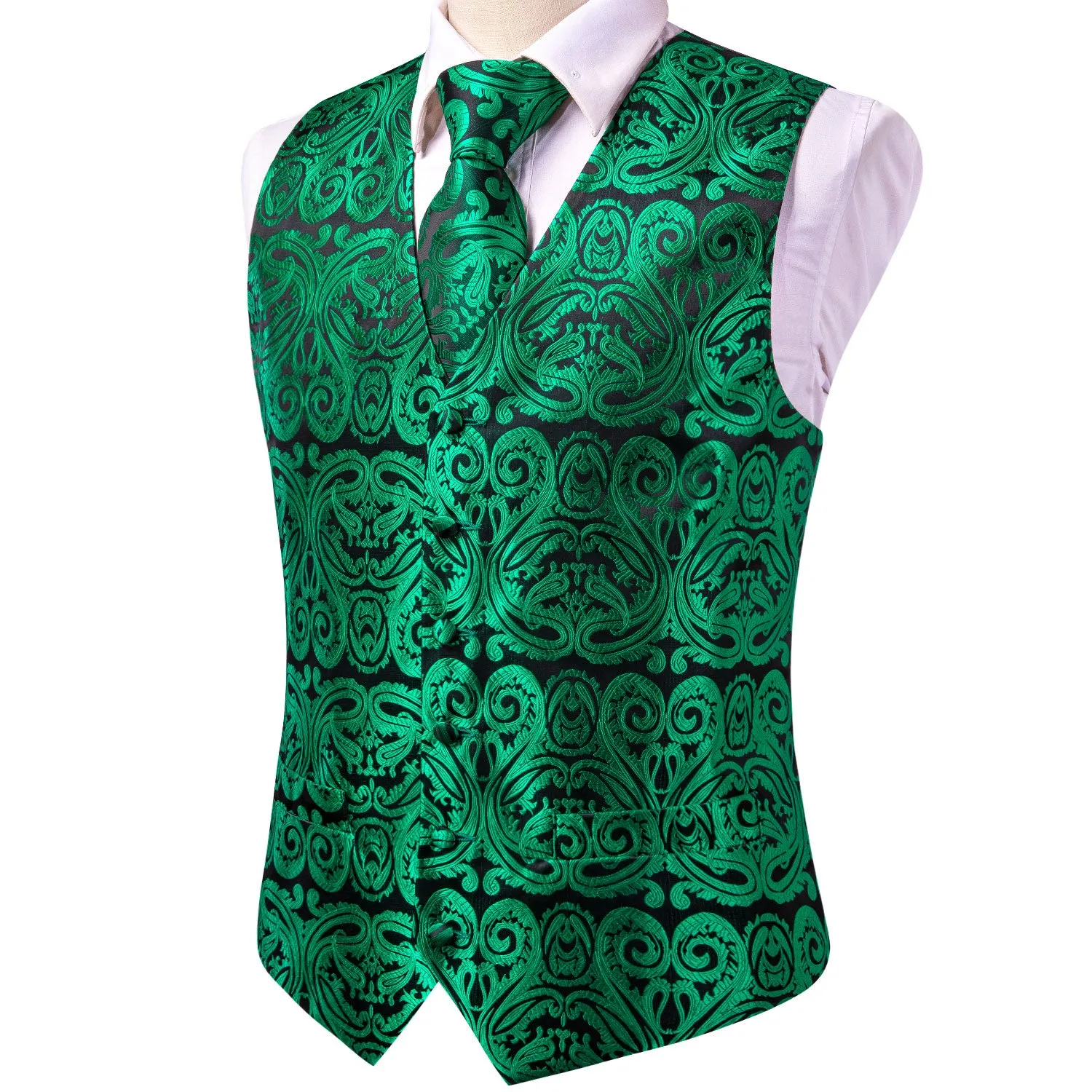 Green Paisley Silk Men's Vest Hanky Cufflinks Tie Set Waistcoat Suit Set