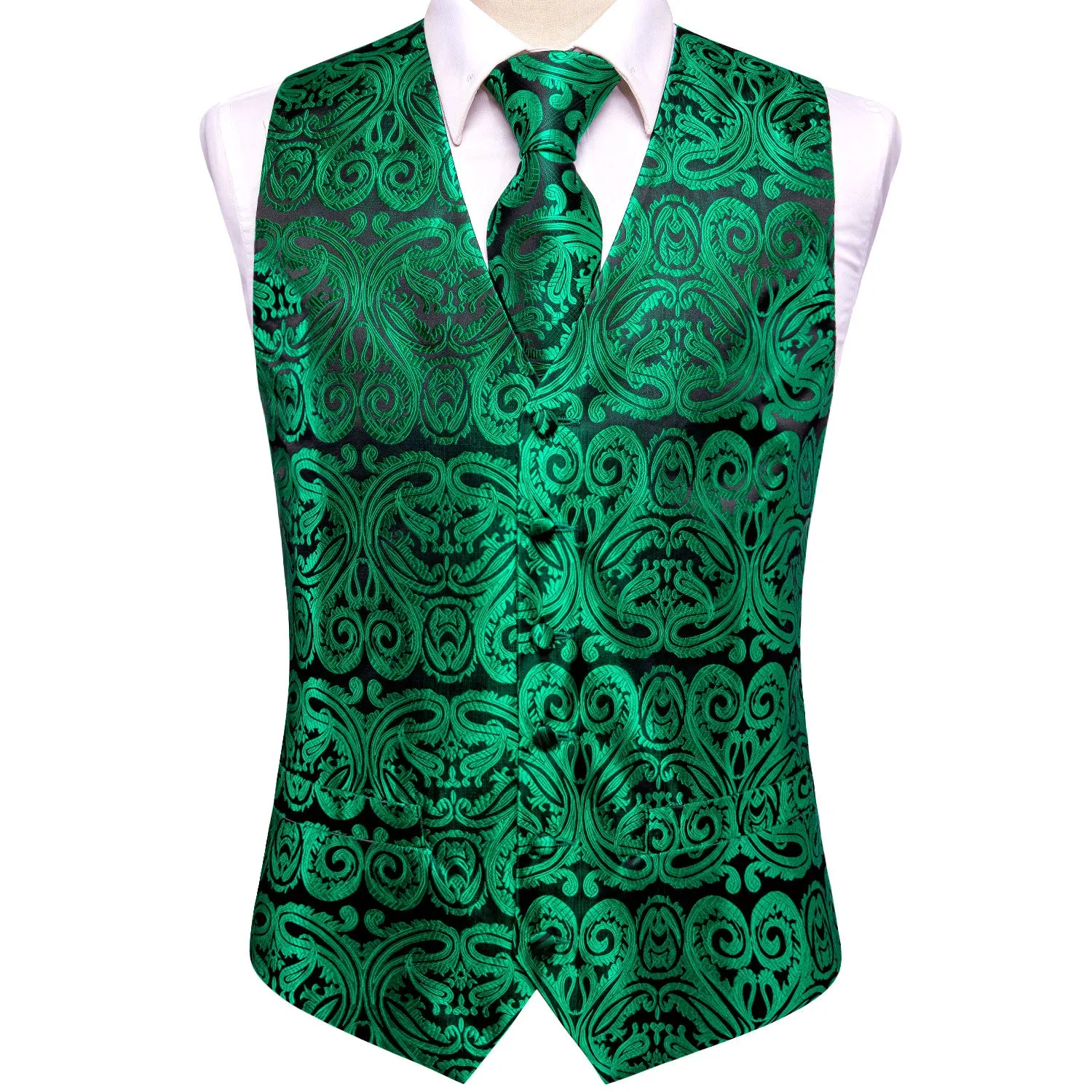 Green Paisley Silk Men's Vest Hanky Cufflinks Tie Set Waistcoat Suit Set