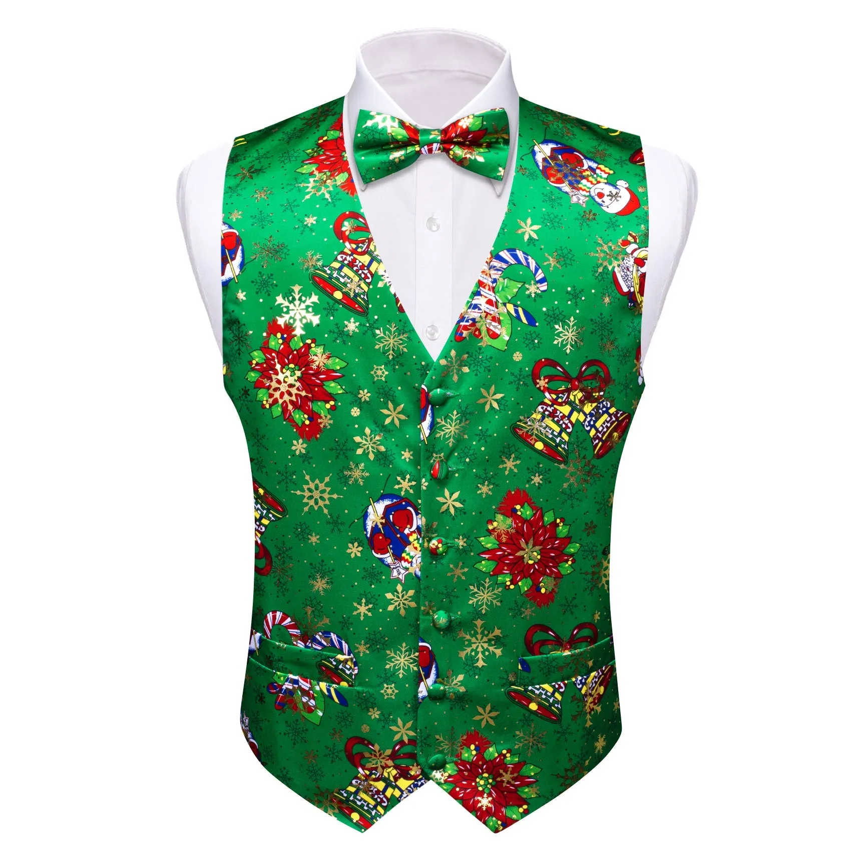 Green Red Christmas Vest Bowtie Hanky Cufflinks Set Waistcoat Suit Set