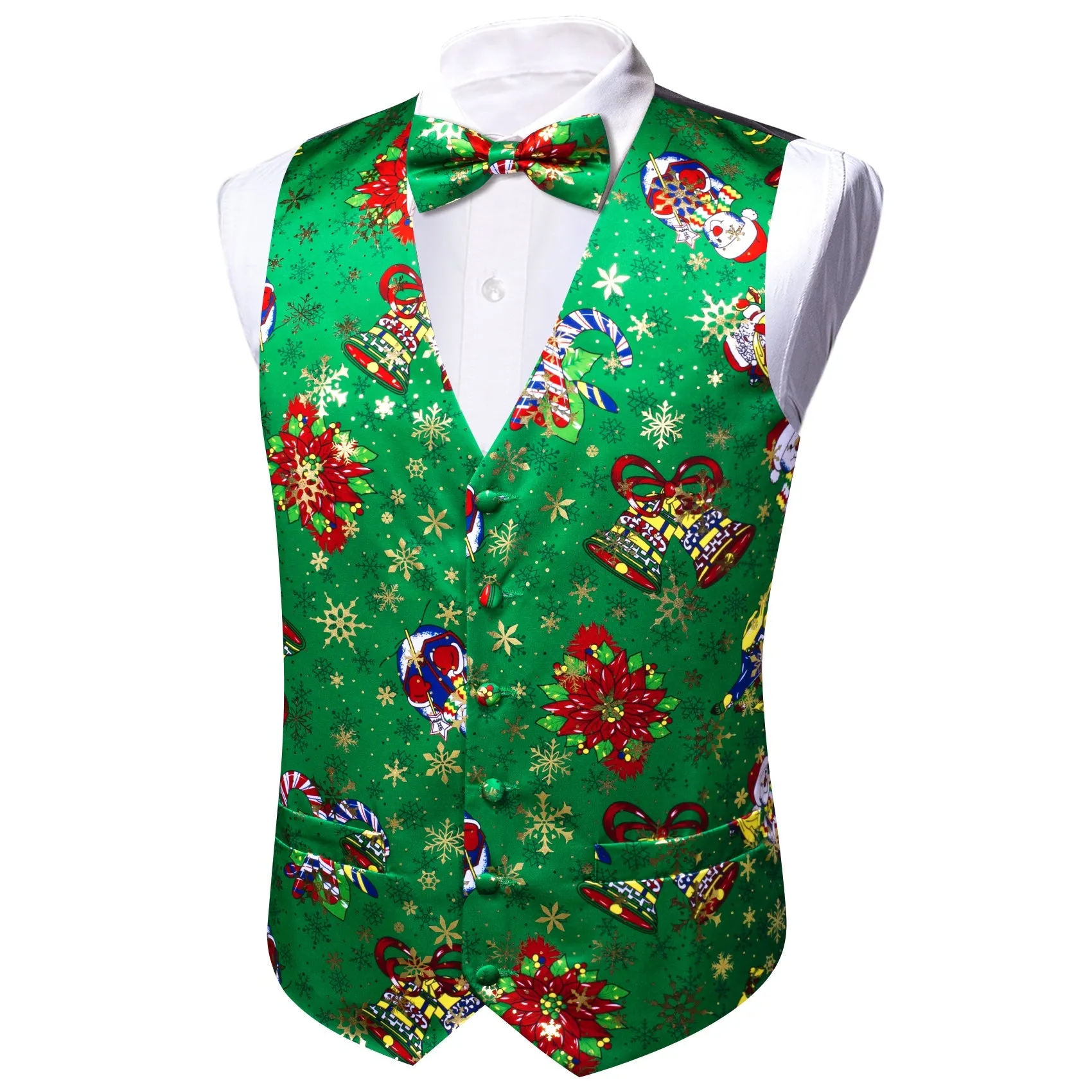 Green Red Christmas Vest Bowtie Hanky Cufflinks Set Waistcoat Suit Set