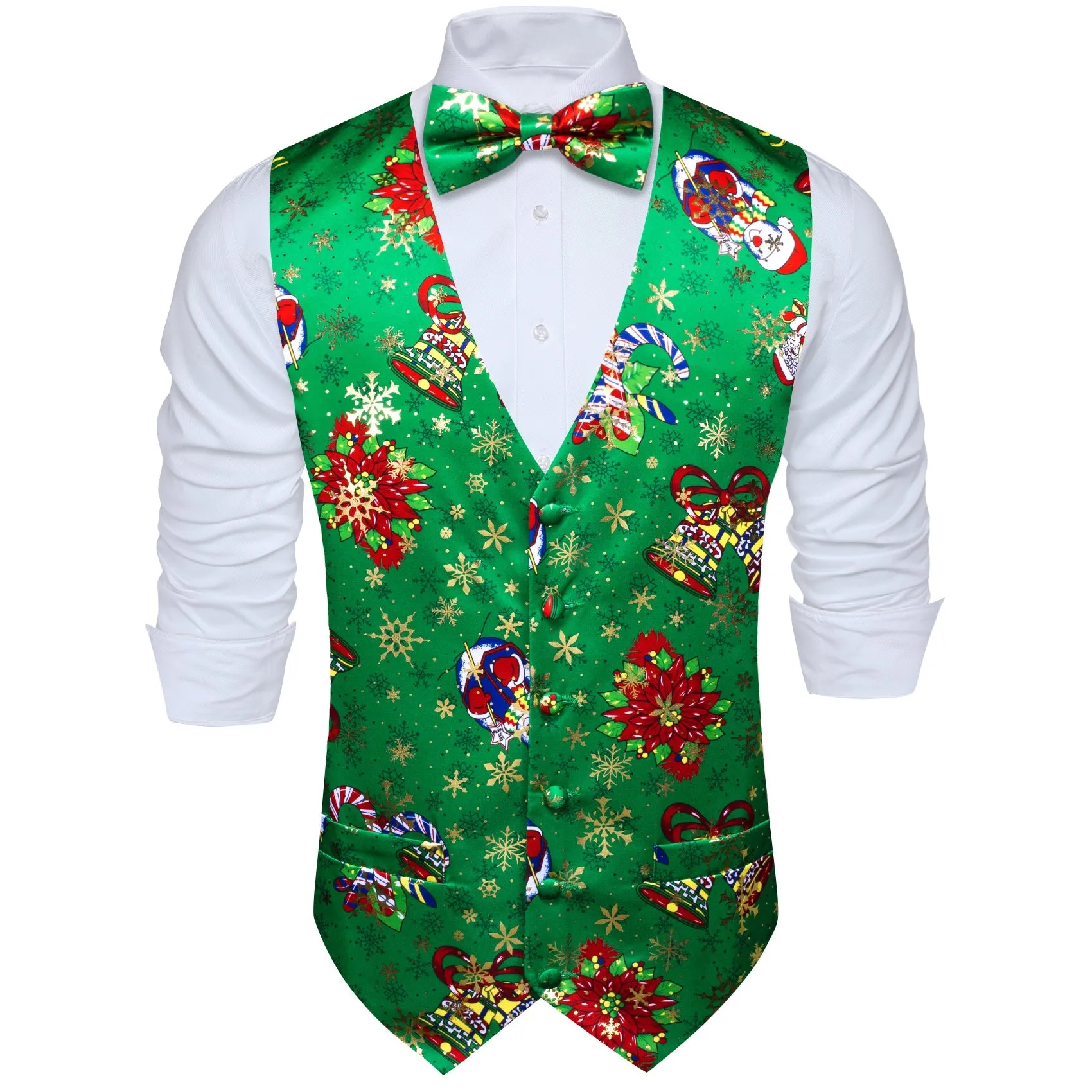 Green Red Christmas Vest Bowtie Hanky Cufflinks Set Waistcoat Suit Set