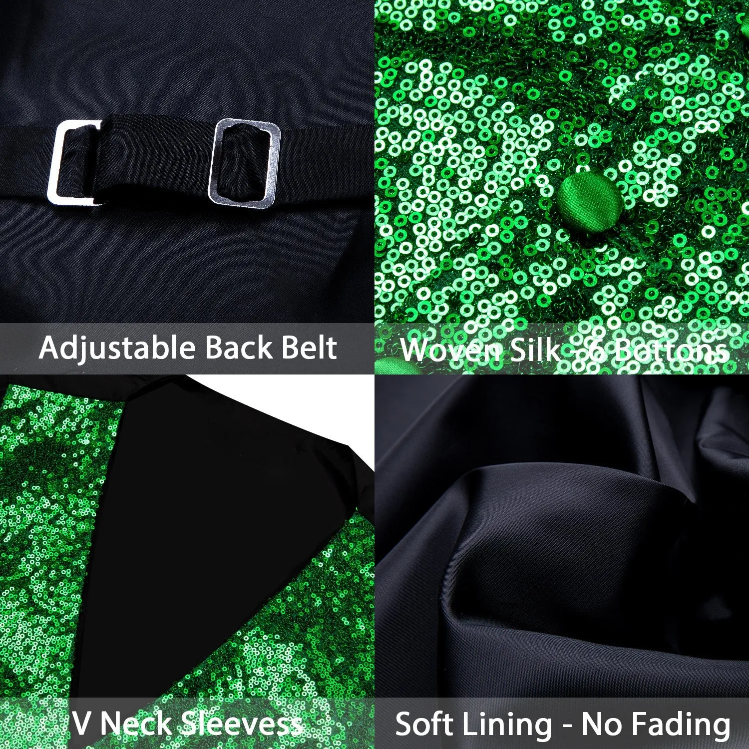 Green Sequins Silk Men's Vest Hanky Cufflinks Bow Tie Set